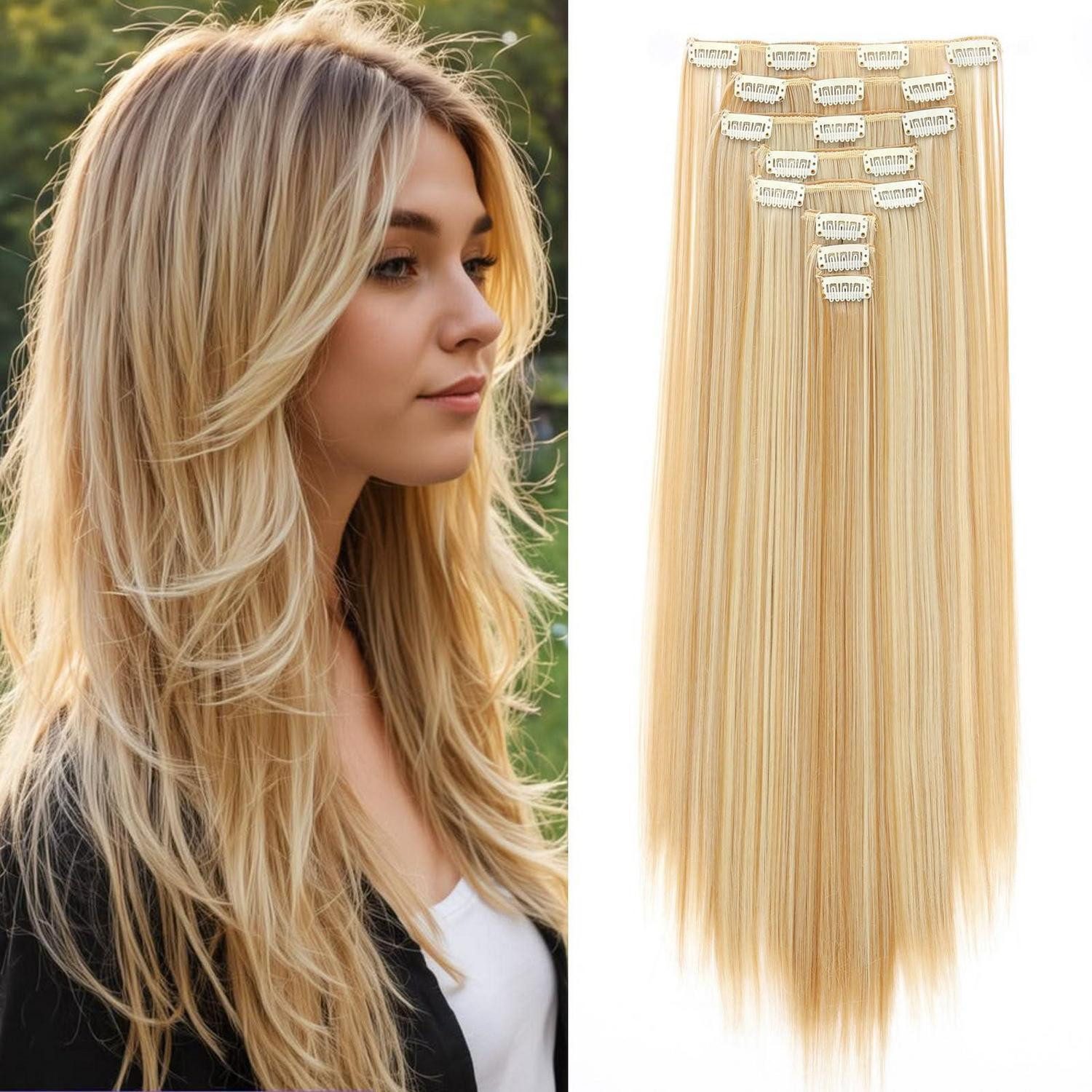LuxusKollektion Kunsthaar-Extension Clip in Extensions 8tlg 60cm 70 cm Dunkelblond & Bleichblond