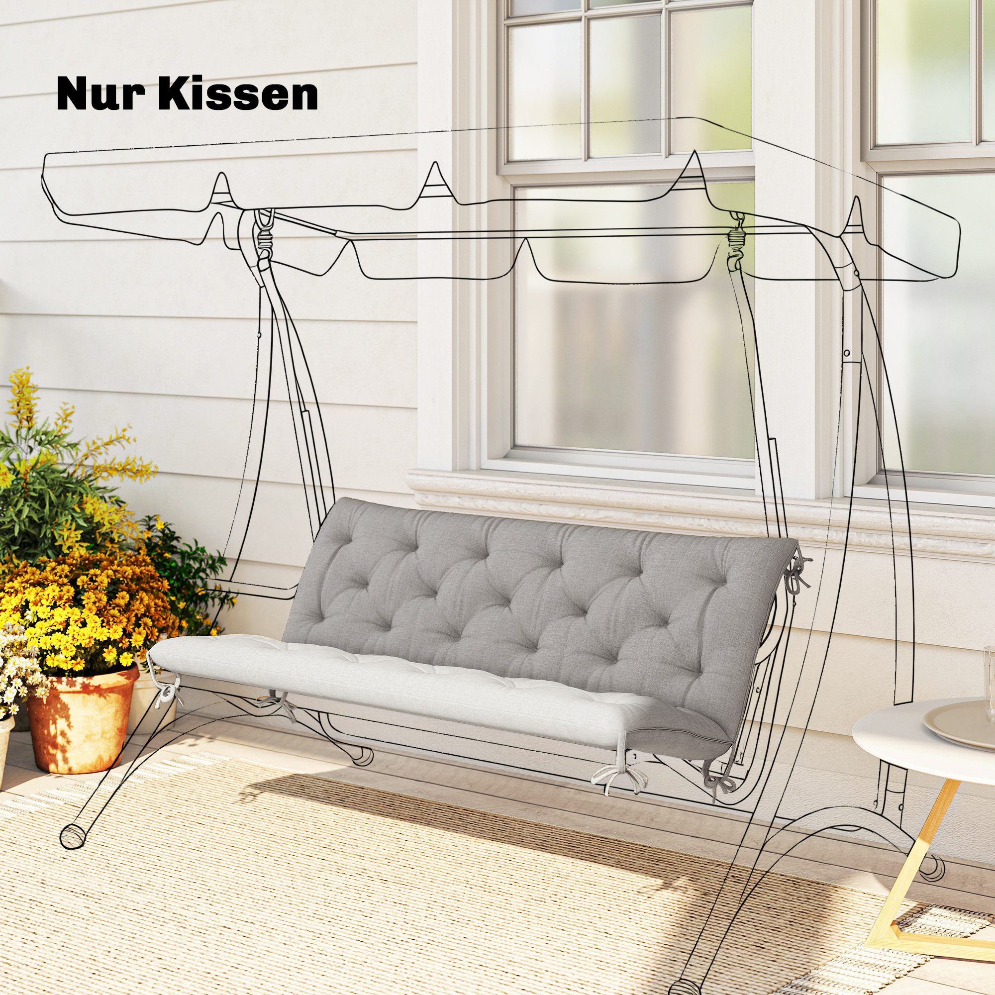 Outsunny Bankauflage 3 Sitzer, 150x98x8 cm, Bankkissen mit Bändern, Sitzkissen, (3 Sitzer Bankkissen, 1 St., Sitzkissen), für Gartenmöbel, Sitzbank Hollywoodsch – Bild 2 von 5