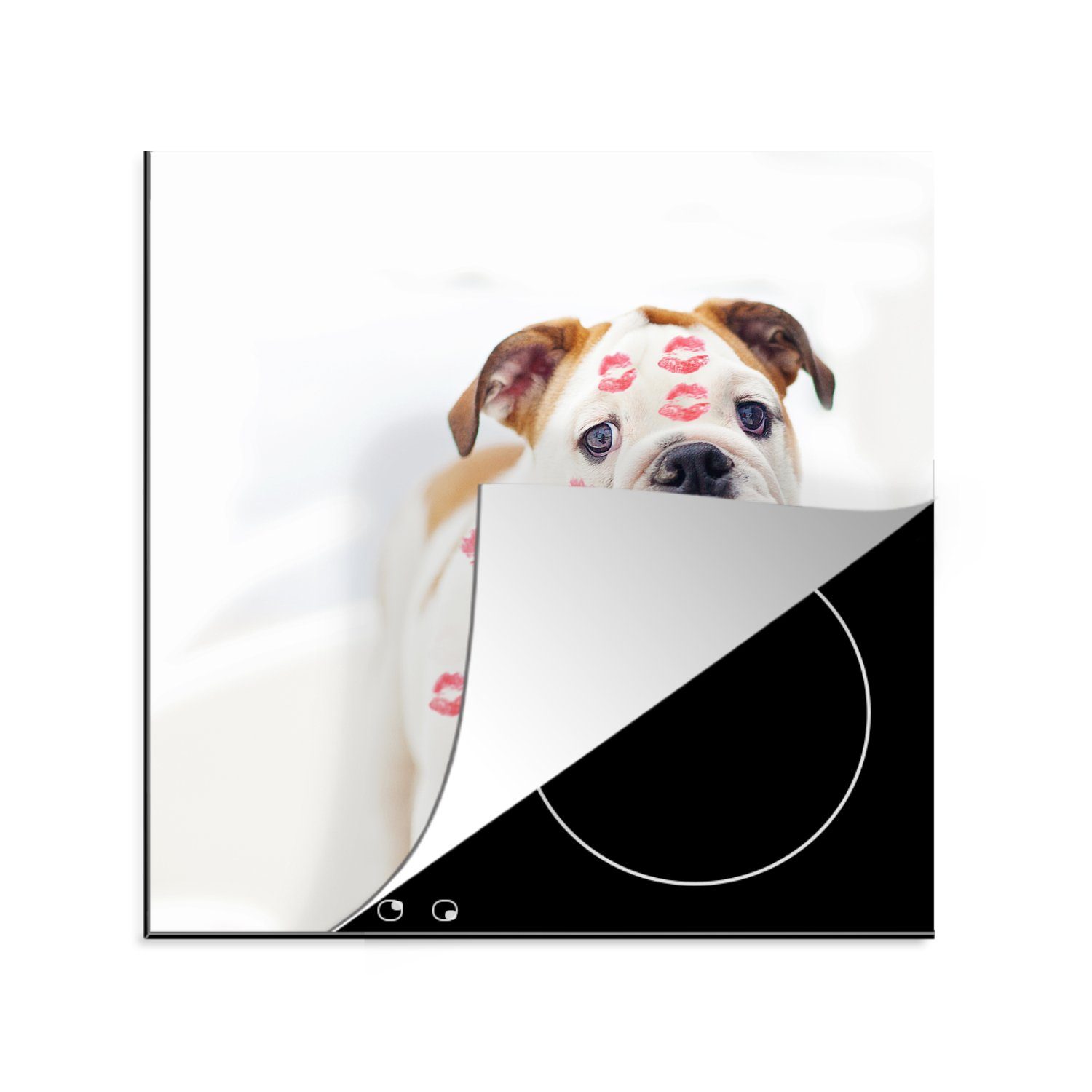 MuchoWow Herdblende-/Abdeckplatte Bild eines Hundes mit rotem Lippenaufdruck, Vinyl, (1 tlg), 78x78 cm, Ceranfeldabdeckung, Arbeitsplatte für küche