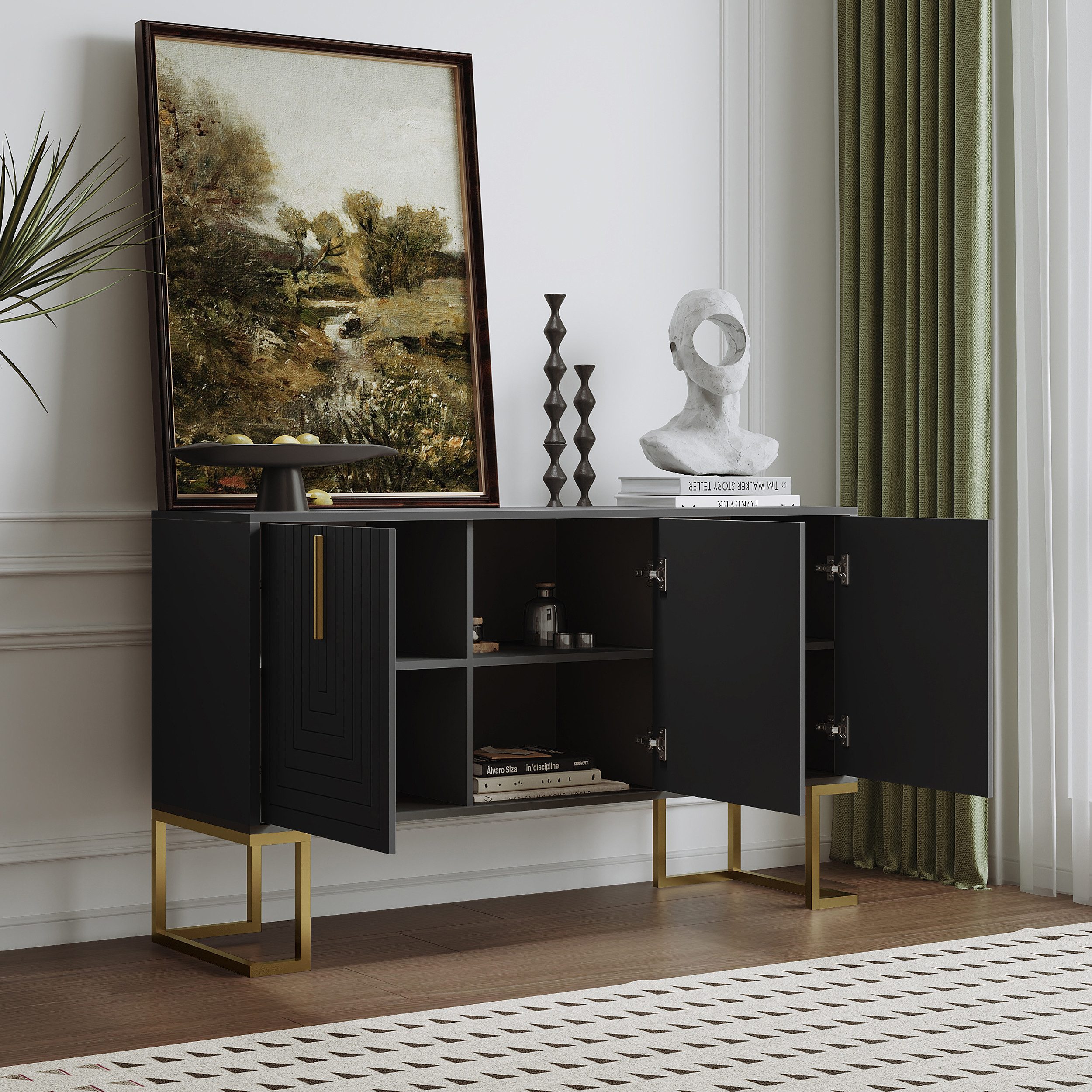 Odikalo Sideboard Modernes Sideboard mit verstellbaren Regalen,U-förmigen Schranktüren, 138 L x 40 B x 80.5H(cm) – Bild 2 von 5