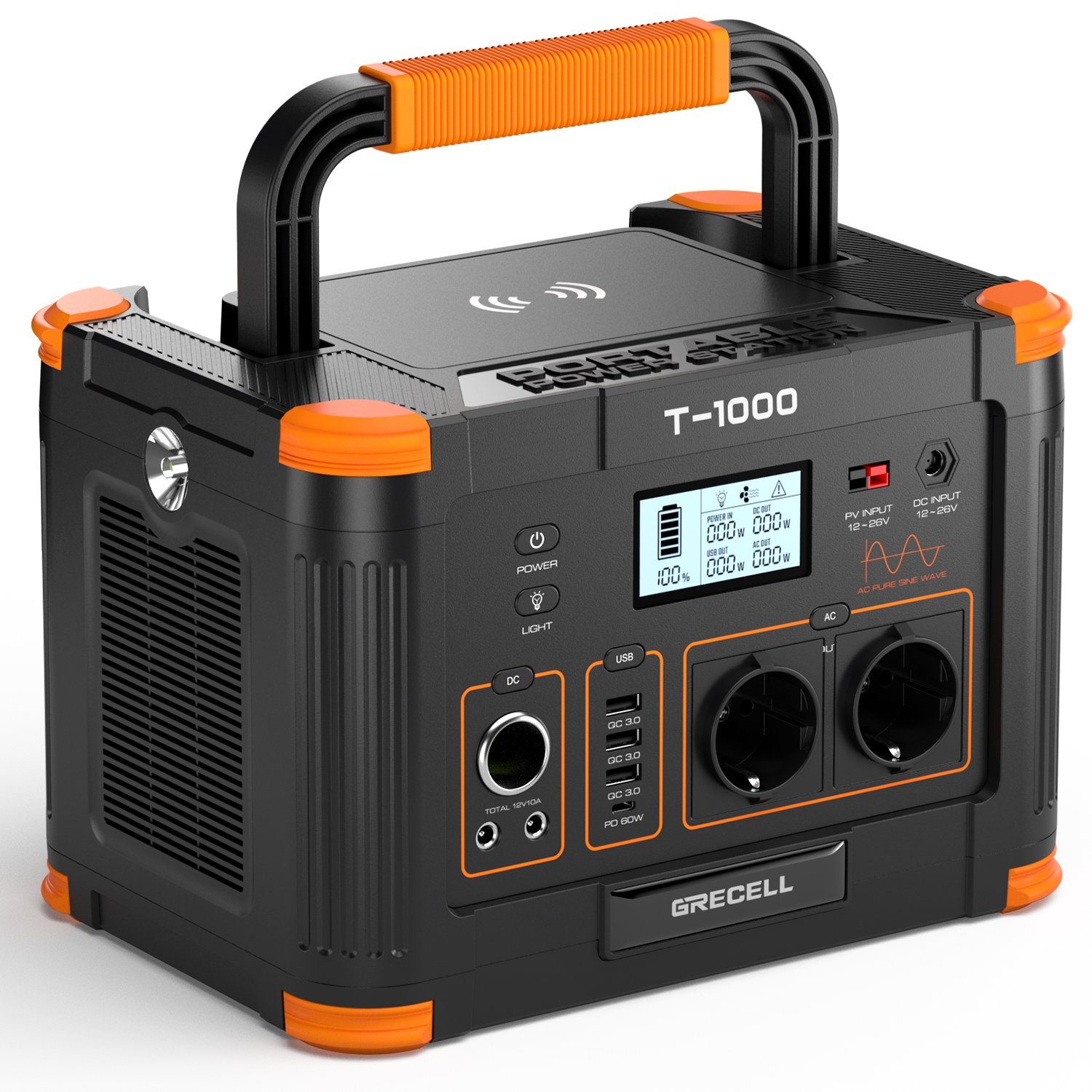 GRECELL Stromerzeuger Tragbarer PowerStation,Mobile Stromgenerator für Outdoor Camping, 1,00 in kW, (1-tlg), 1000W/999Wh