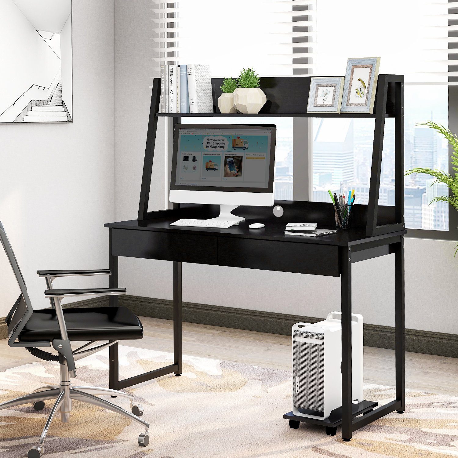 Flieks Schreibtisch Ideal, Arbeitstisch Computertisch Bürotisch mit Ablagen Regal & 2 Schubladen