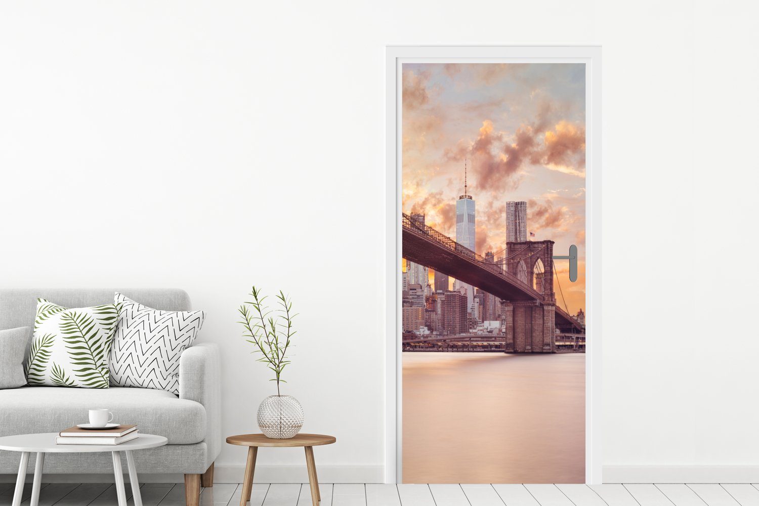 MuchoWow Türtapete Brooklyn Bridge und Türaufkleber, cm Yorker Matt, Fototapete bedruckt, bei für 75x205 St), die Tür, (1 Sonnenuntergang, New Skyline