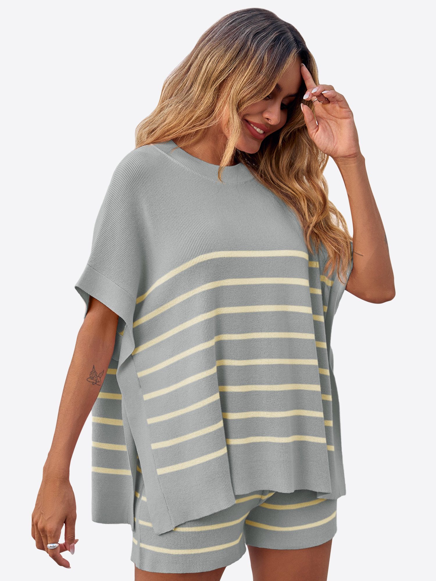 Imily Bela Hausanzug Damen Sommerliche Strick Lounge Shorts Sets (Set, 2 tlg., Kurzarm-Tops mit Fledermausärmeln + Shorts mit hohem Bund) Streifen
