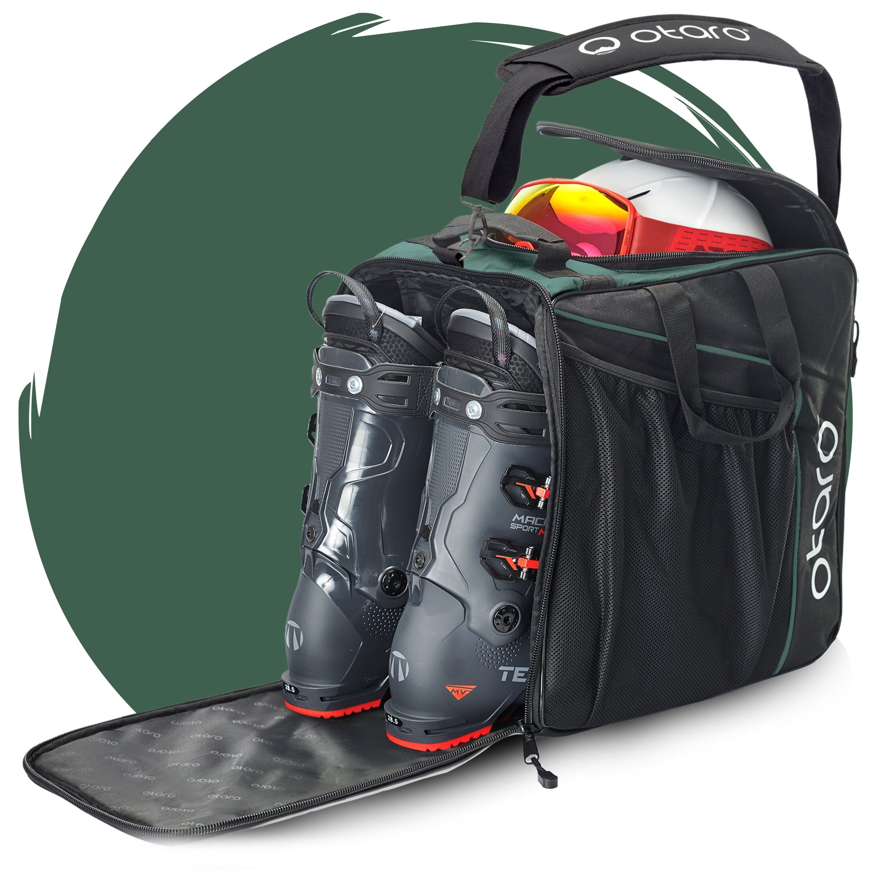 Skischuhtasche Tannengrün (Schutz Otaro Perfekt deine für durchdacht, Classic ausklappbare Schwarz Boarder) für + Schultergurt, mit Sporttasche + Ausrüstung, Helmfach Skifahrer Standfläche, 44L