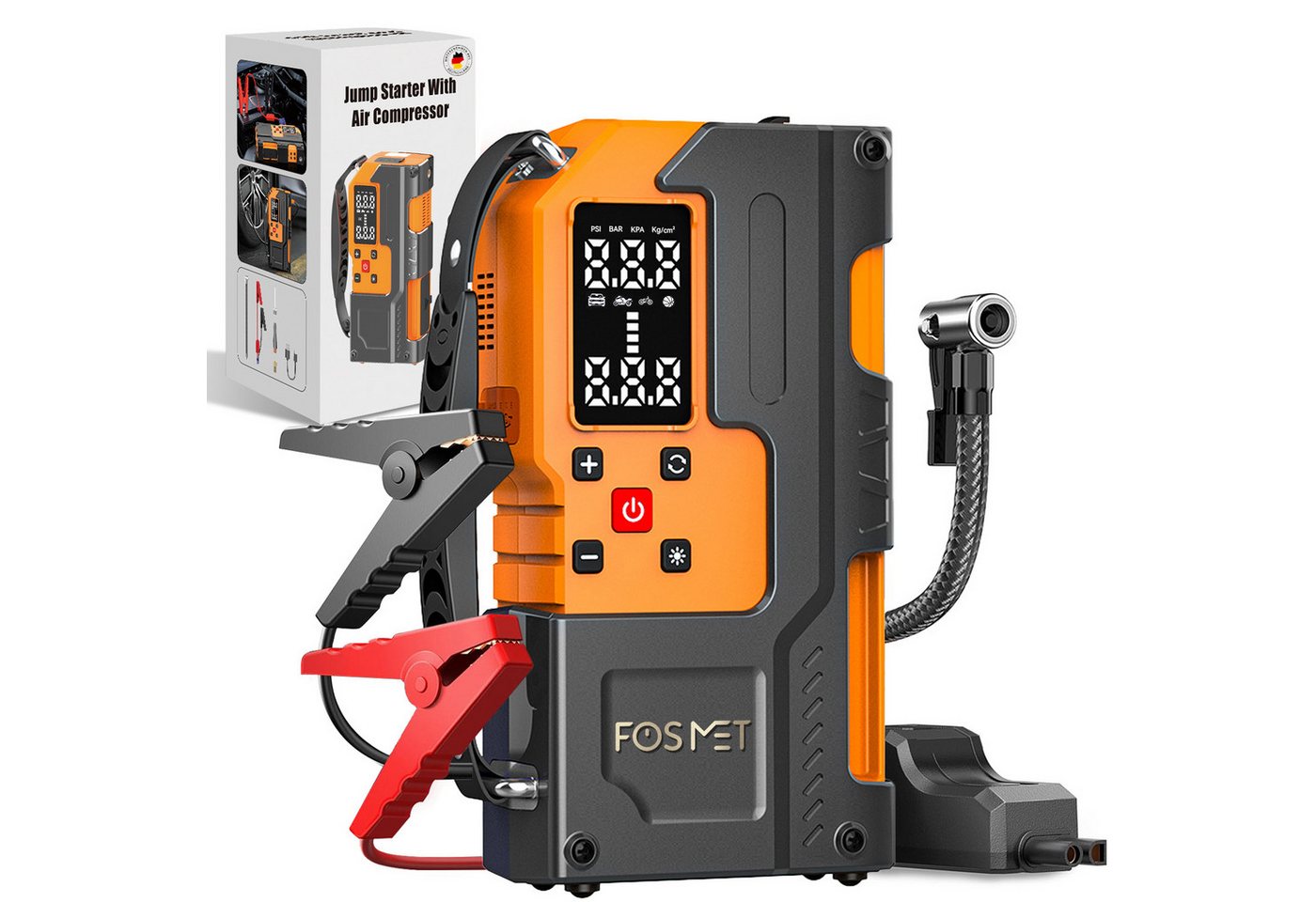 FOSMET 7000A 12V Starthilfe Powerbank mit 150PSI Kompressor & Smart-Klemmen Autobatterie-Ladegerät (26800mAh Starthilfe Powerbank für alle Benzin &10L Diesel mit USB & DC, Starthilfe Auto mit LCD Bildschirm und 800 Lumen Notlicht)