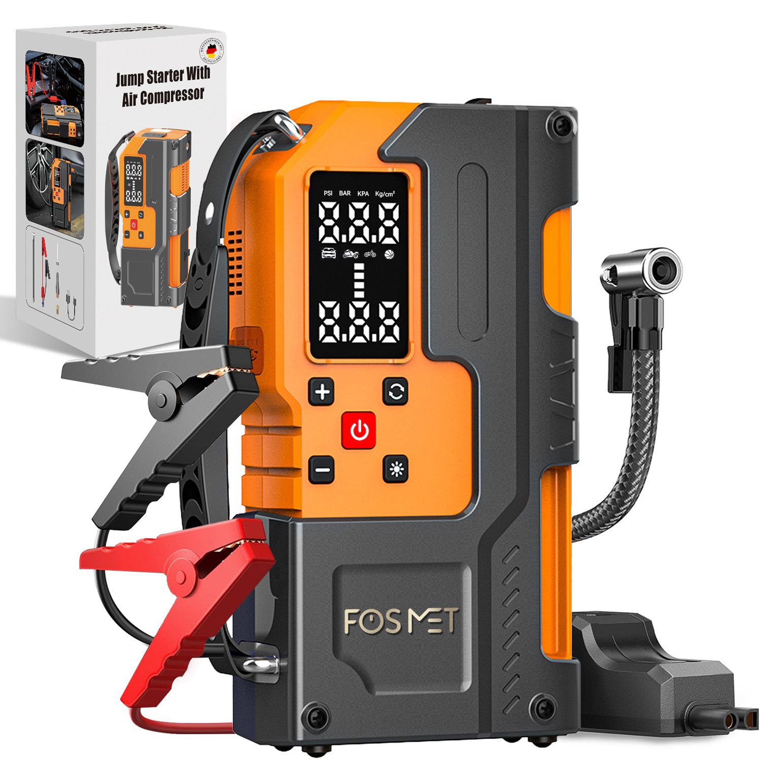 FOSMET 7000A 12V Starthilfe Powerbank mit 150PSI Kompressor & Smart-Klemmen Autobatterie-Ladegerät (Starthilfe Auto mit LCD Bildschirm und 800 Lumen Notlicht, 26800mAh Starthilfe Powerbank für alle Benzin &10L Diesel mit USB & DC)