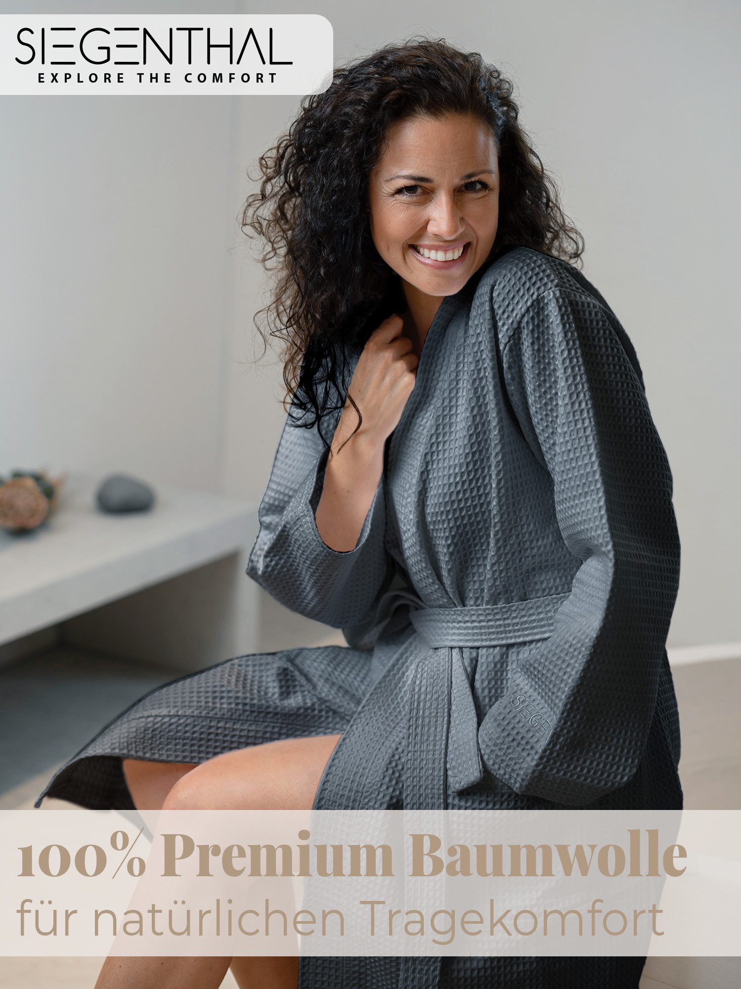 SIEGENTHAL Morgenmantel SIEGENTHAL® Damen Bademantel Waffelpique 100% Baumwolle Schalkragen, Schalkragen, elegante Gürtel, saugfähige Baumwolle, pflegeleicht und langlebig, praktische Taschen