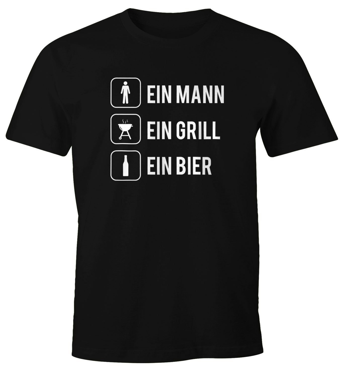 MoonWorks Print-Shirt Herren T-Shirt Ein Mann ein Grill ein Bier Fun-Shirt Spruchshirt Lustig Party Saufen Grillen Barbecue BBQ Fleisch Sommer Moonworks® mit Print