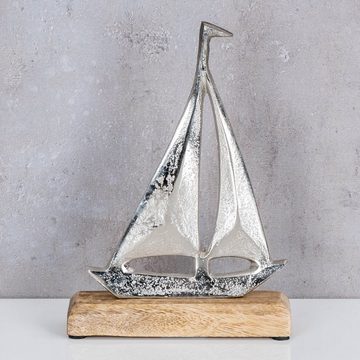 Levandeo® Dekoobjekt, Segelboot H21cm Metall Mango Holz Silber Natur Maritime Deko Boot