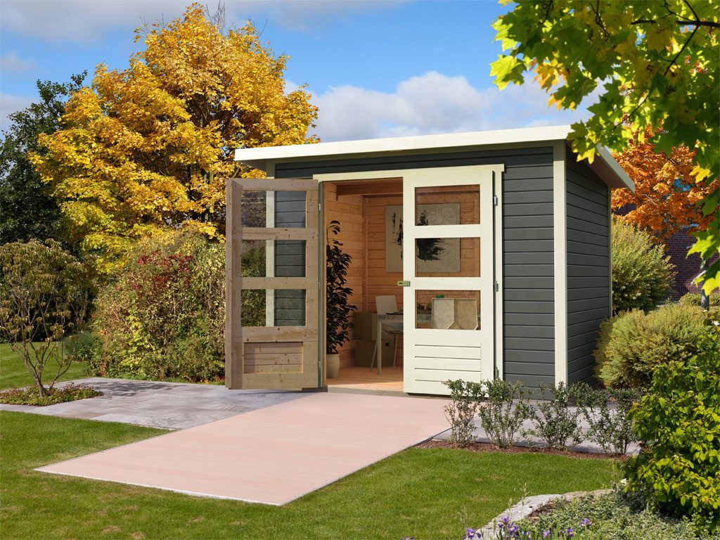 Karibu Gartenhaus Gartenhaus Stockach 3 19 mm terragrau, BxT: 246x186 cm, 19 mm Wandstärke, Doppeltür mit Kunstglas-Einsätzen