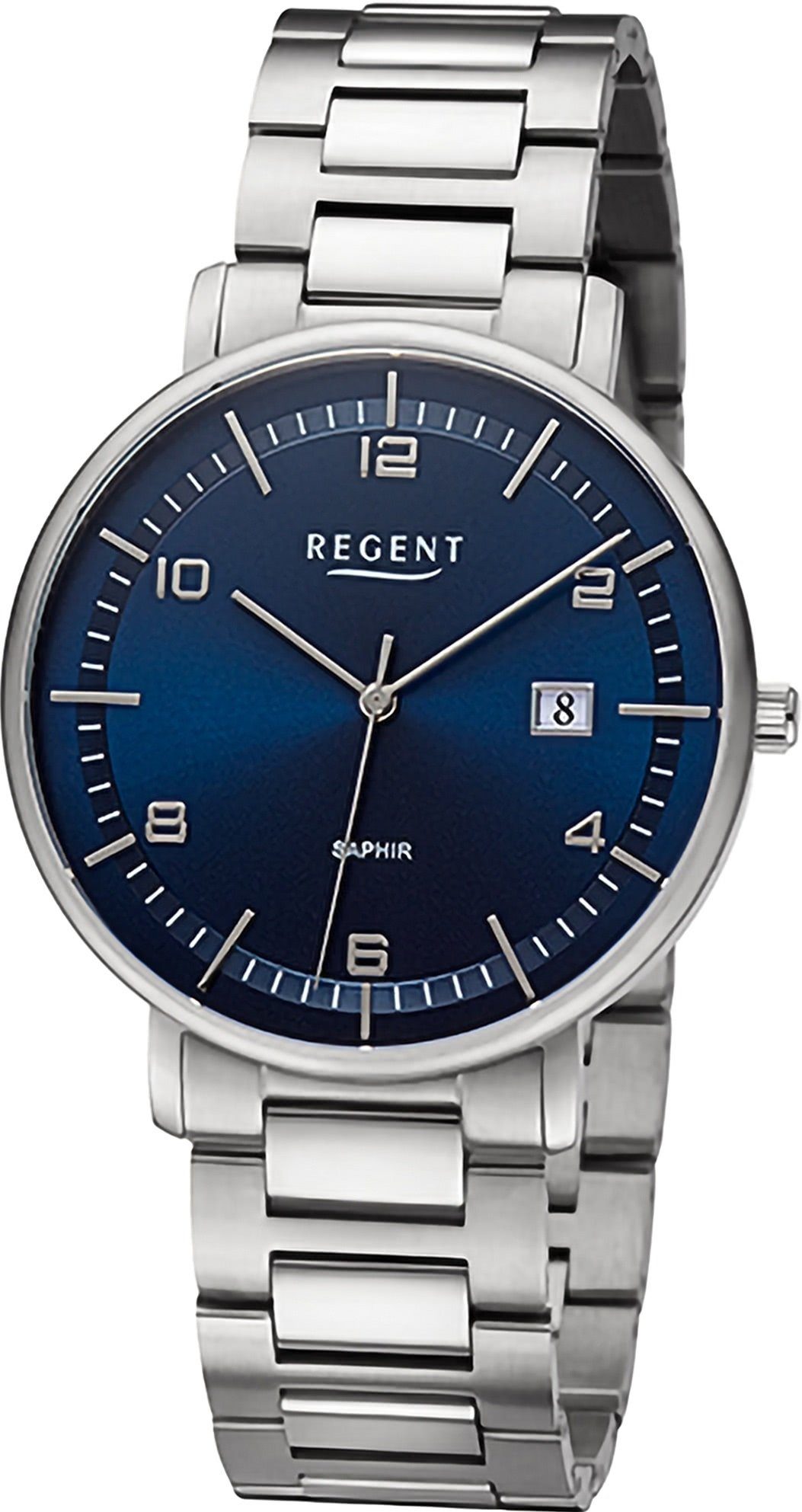 Armbanduhr Uhrzeit rund, Analog, Armbanduhr Herren Regent extra Metallarmband, Regent groß (ca. 42mm), Herren Quarzuhr