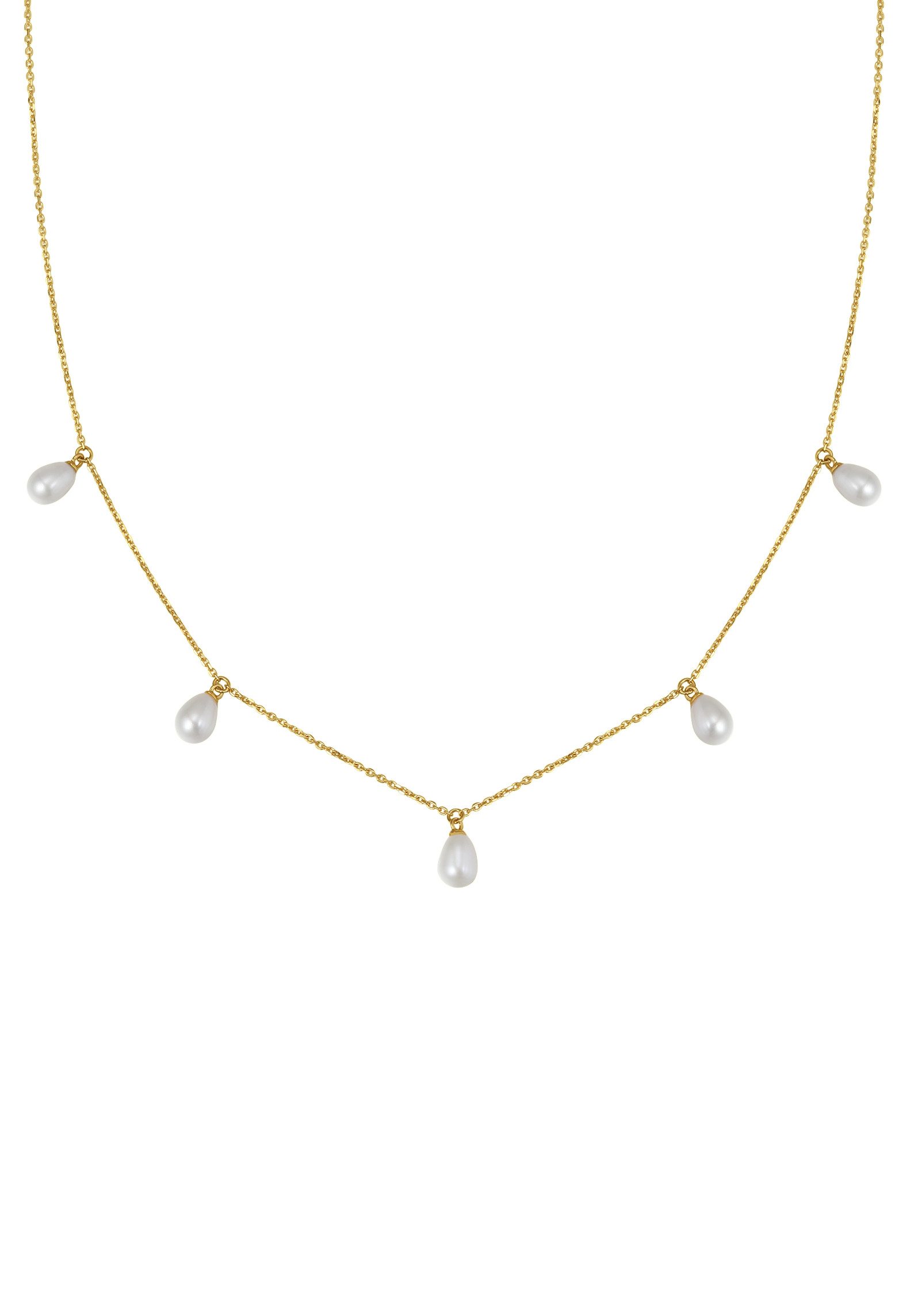 Dear Me Perlenkette mit Süßwasserperle Anhängern, 585er Echtgold Schmuck, 14K Massivgold Halskette Perlen Collier, Brautschmuck