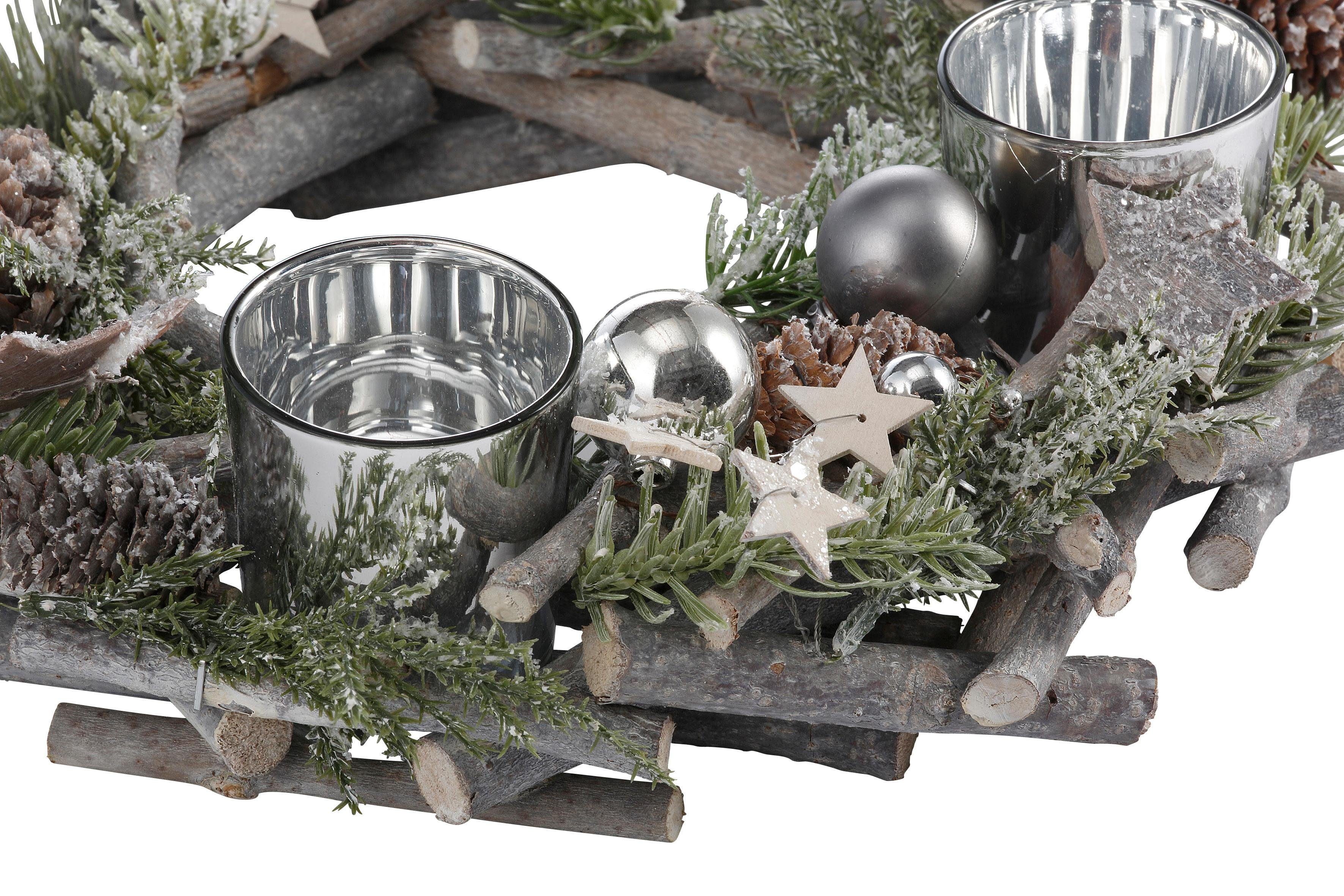 Home affaire Adventskranz Weihnachtsdeko aus Teelichter, Kerzenhalter 30 und Glitter, Ø Kunstschnee cm 4 mit für Echtholz