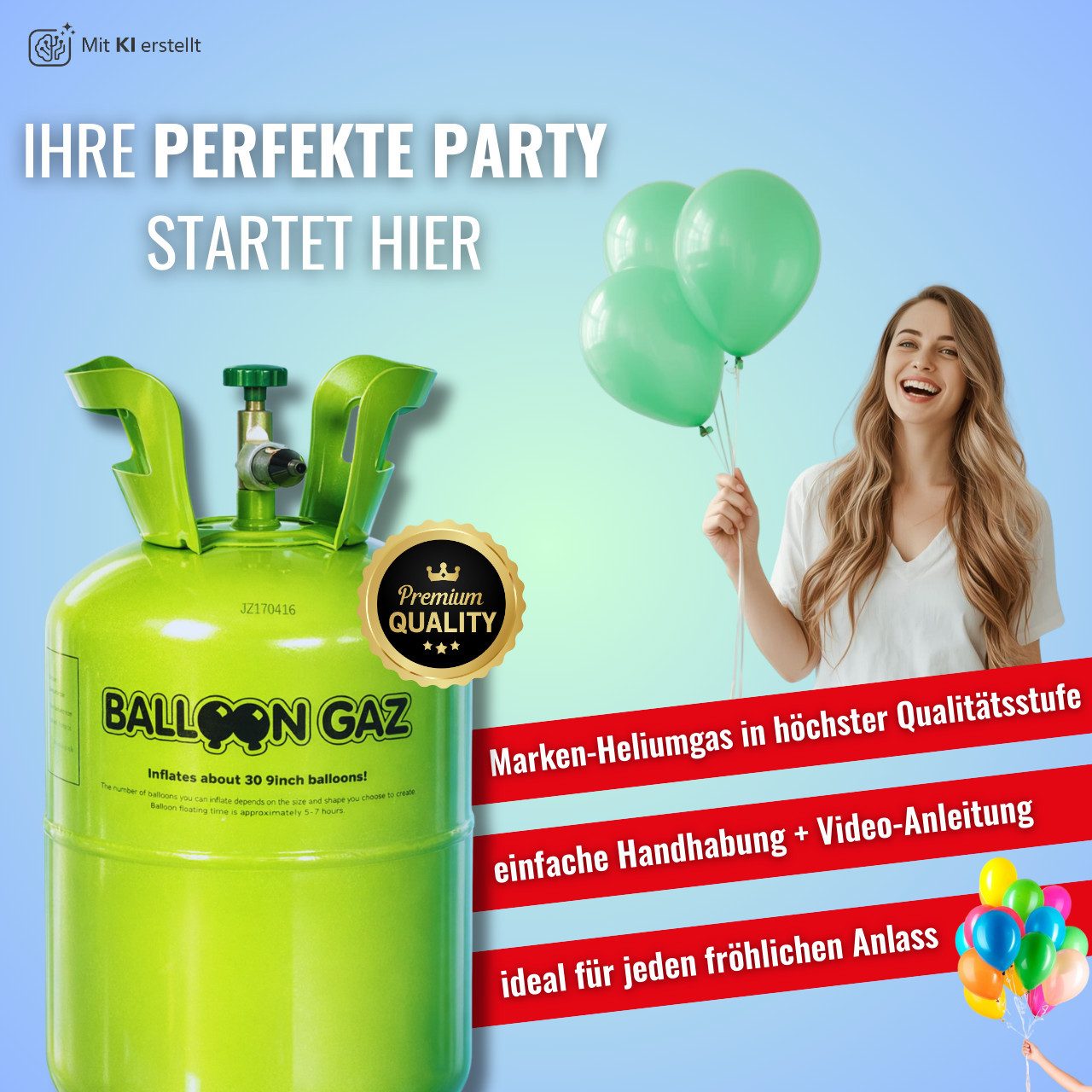 Folat Helium Ballongas Heliumflaschen SETS für bis zu 30-90 Luftballons - Helium, XXL Set für Hochzeit, Geburtstag, Party – für bis zu 60 Luftballons