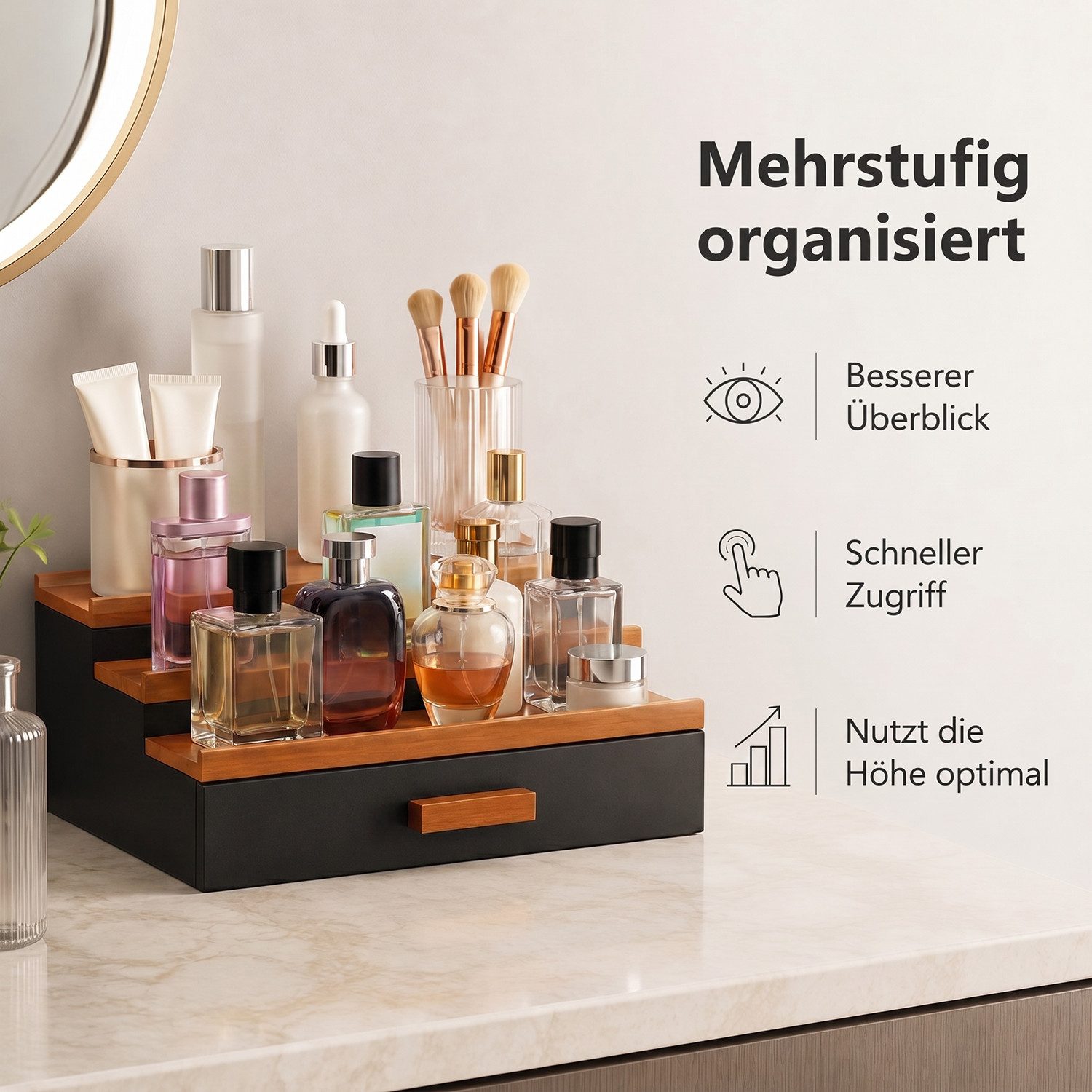 HEYHIPPO Make-Up Organizer 3-stöckiger Parfüm-Ständer aus Holz, mit Schublade, 32×22×10,5 cm, Stufenförmiger Kosmetik-Ständer–Präsentationsregal für Parfüm& Mak – Bild 5 von 5