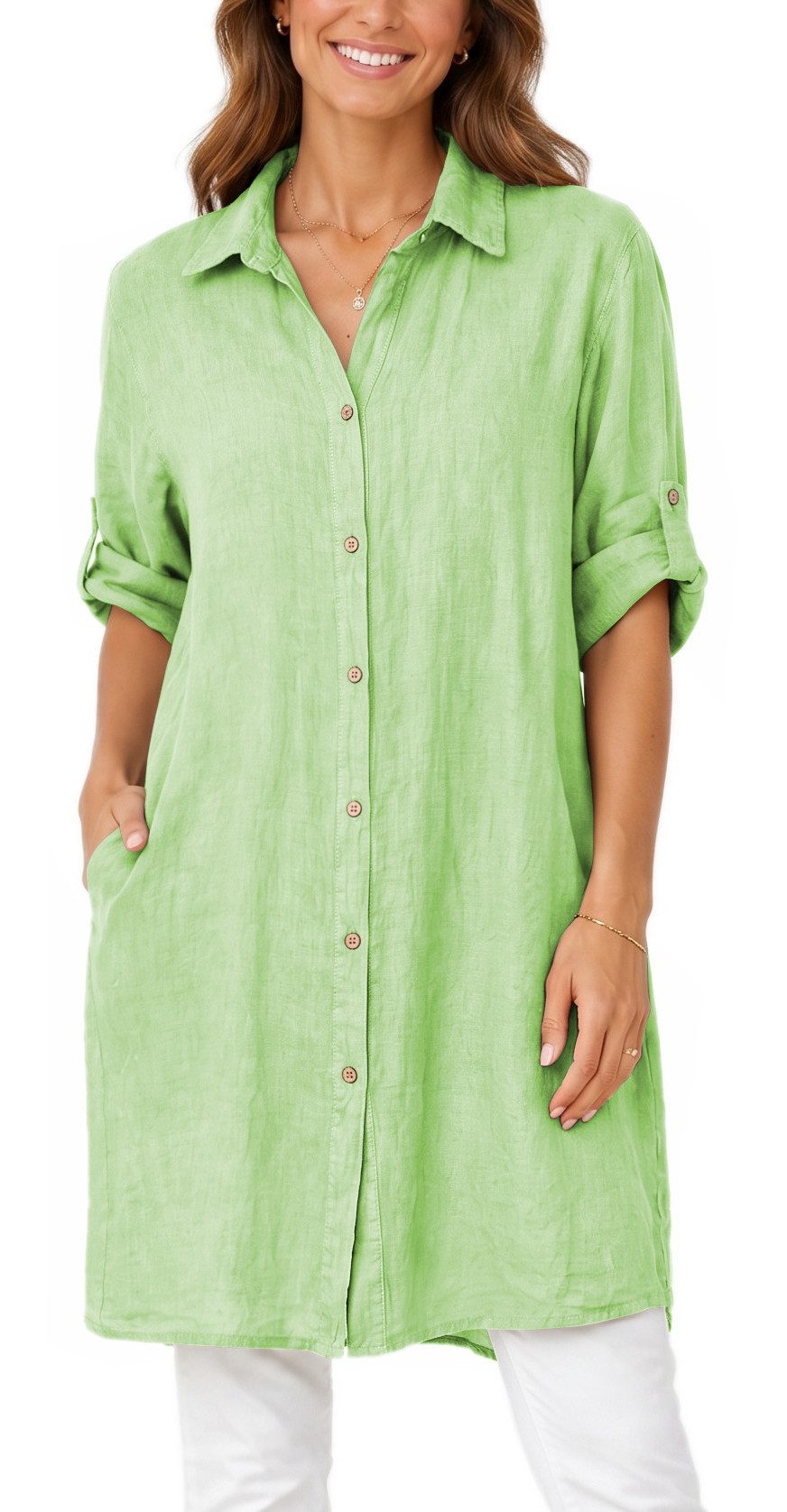 dy_mode Longbluse Damen Leinen Longbluse Sommer Hemdbluse Blusenkleid Luftige Tunika in Unifarbe, mit Knopfleiste