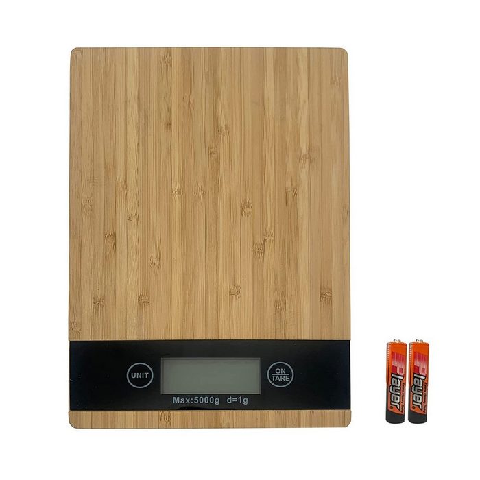 GREELUE Feinwaage Digitale Küchenwaage aus Bambus elektronische Haushaltswaage 5kgs D=1g das LCD-Display mit Batterien für den sofortigen Einsatz