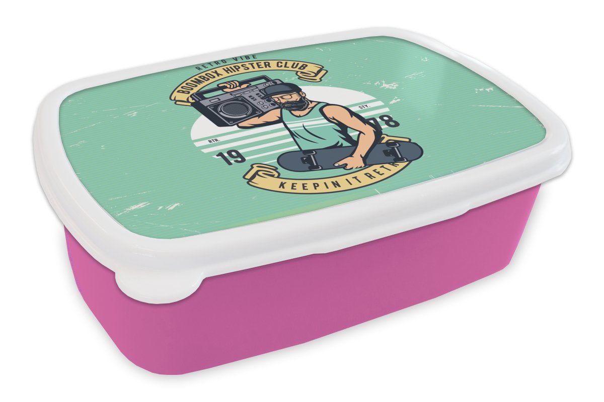 MuchoWow Lunchbox Mancave - Skateboard - Radio - Altmodisch, Kunststoff, (2-tlg), Brotbox für Erwachsene, Brotdose Kinder, Snackbox, Mädchen, Kunststoff rosa