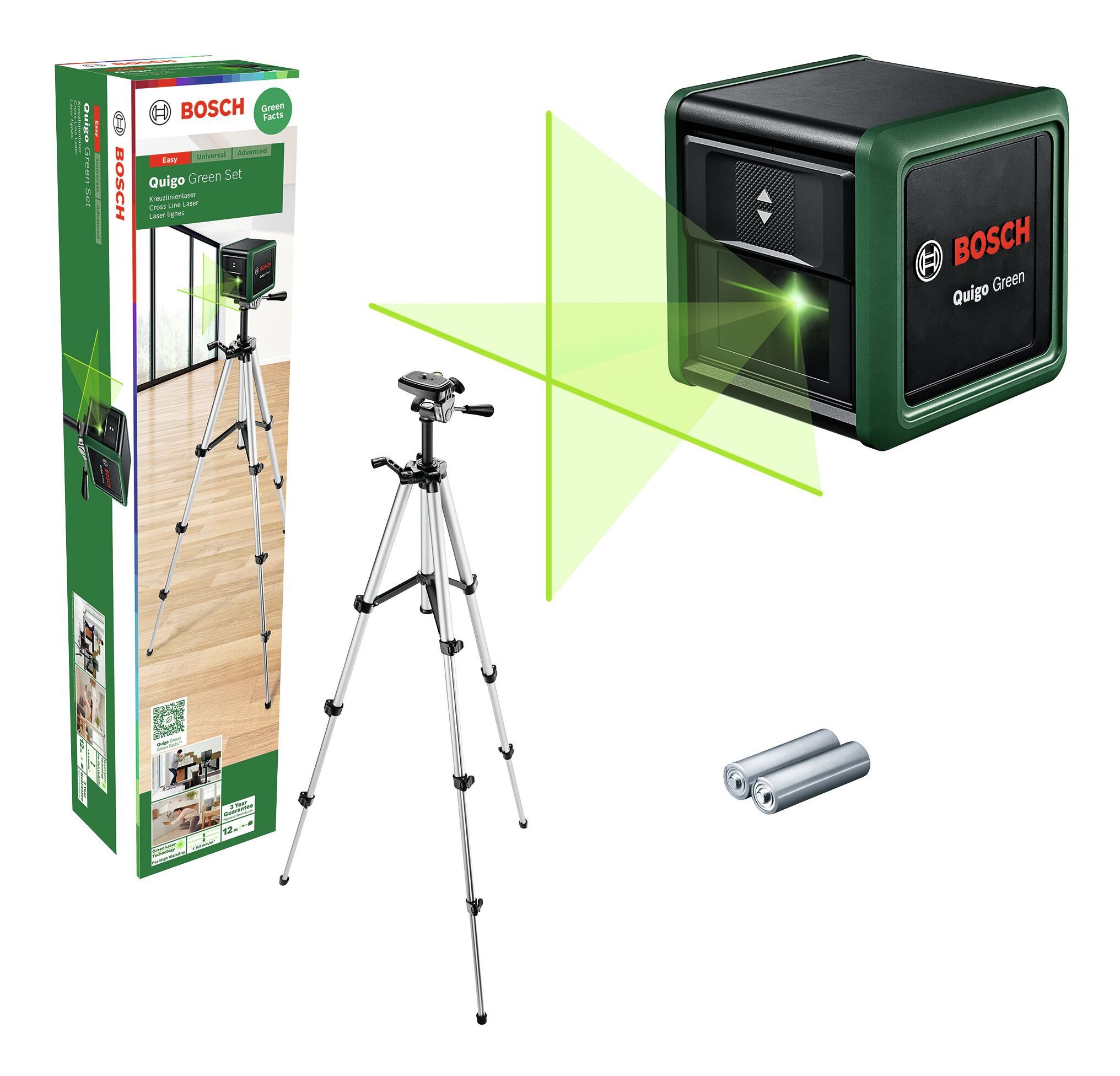 BOSCH Punkt- und Linienlaser Quigo, Kreuzlinien-Laser Green Set - im Karton