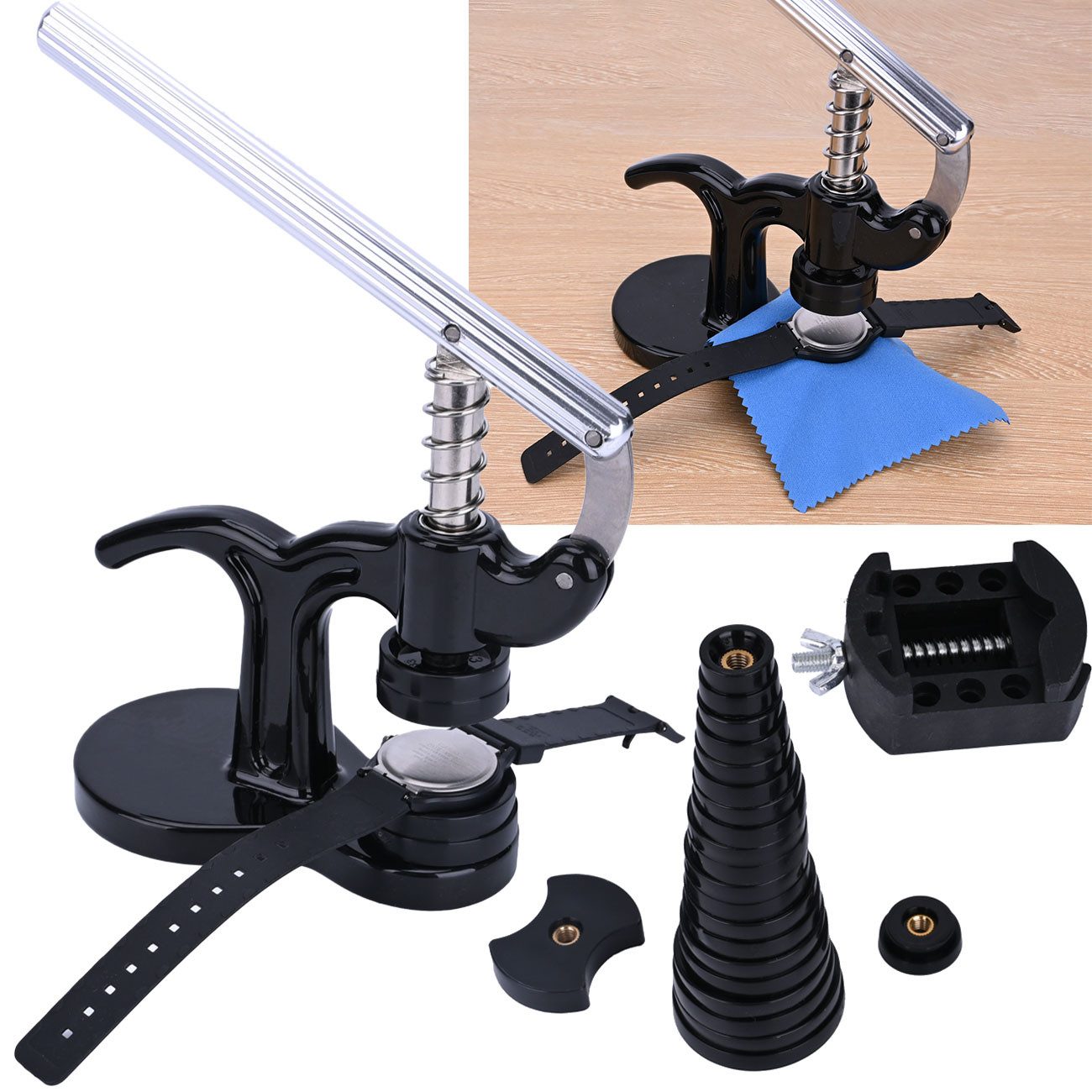 Casativo Reparatur-Set 17tlg Profi Uhren Einpresswerkzeug Reparatur Set für Batteriewechsel, 17-St., 1er-Set, für gängige Armbanduhren und Uhrdeckel/12 Matrizen ABS/Gehäusehalter