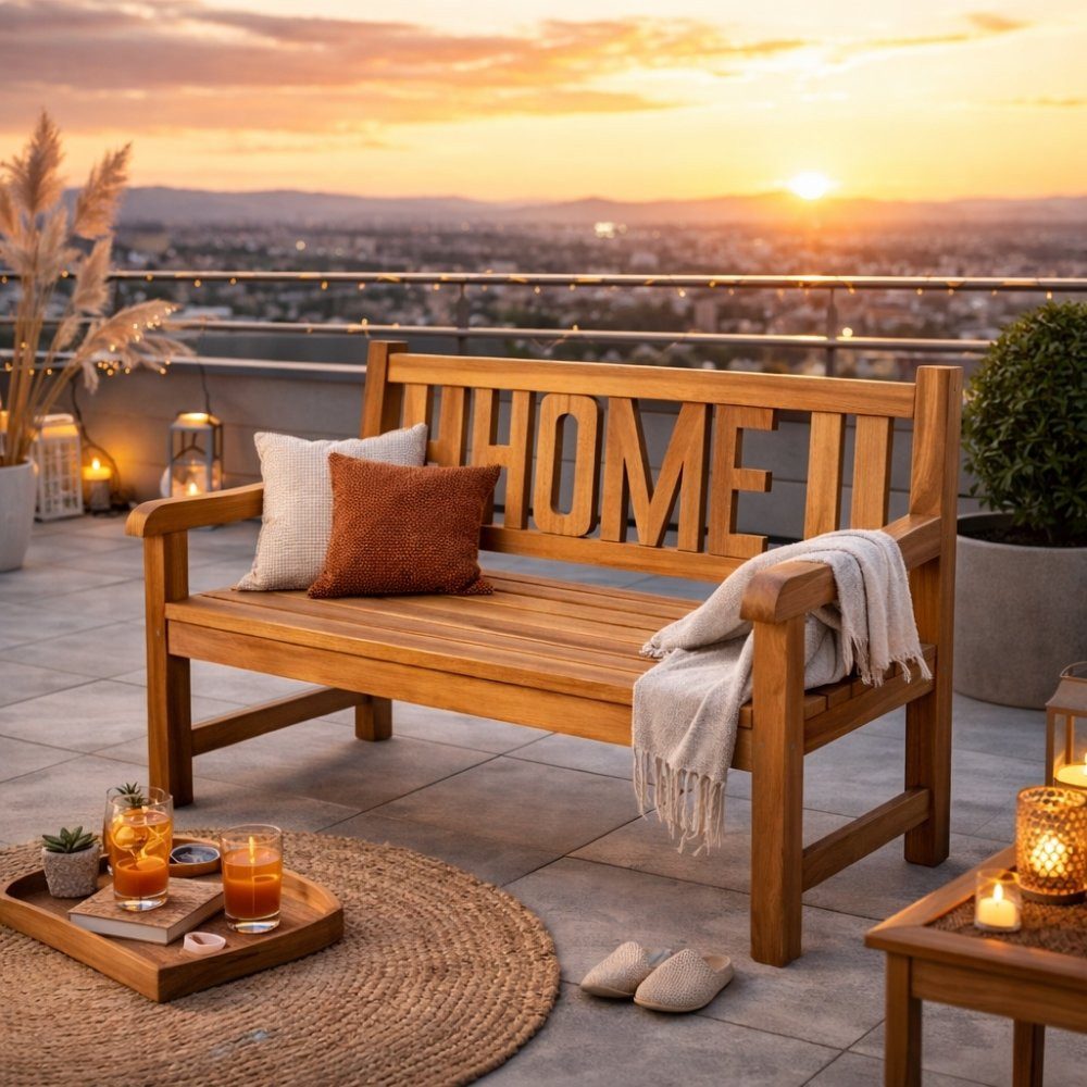 LebensWohnArt Sitzbank Massivholz Teak Sitzbank HOME 120cm Gartenbank Holzbank