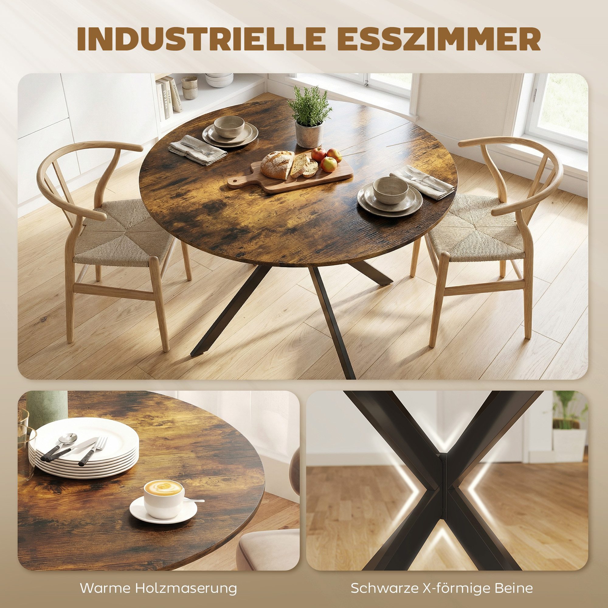 HOMCOM Esstisch Küchentisch im Industriestil mit Stahlbeinen für 4 Personen (für Esszimmer, Küche, Wohnzimmer, 1-St., rund, 120 x 120 x 75 cm), Rustikal-Braun – Bild 4 von 5