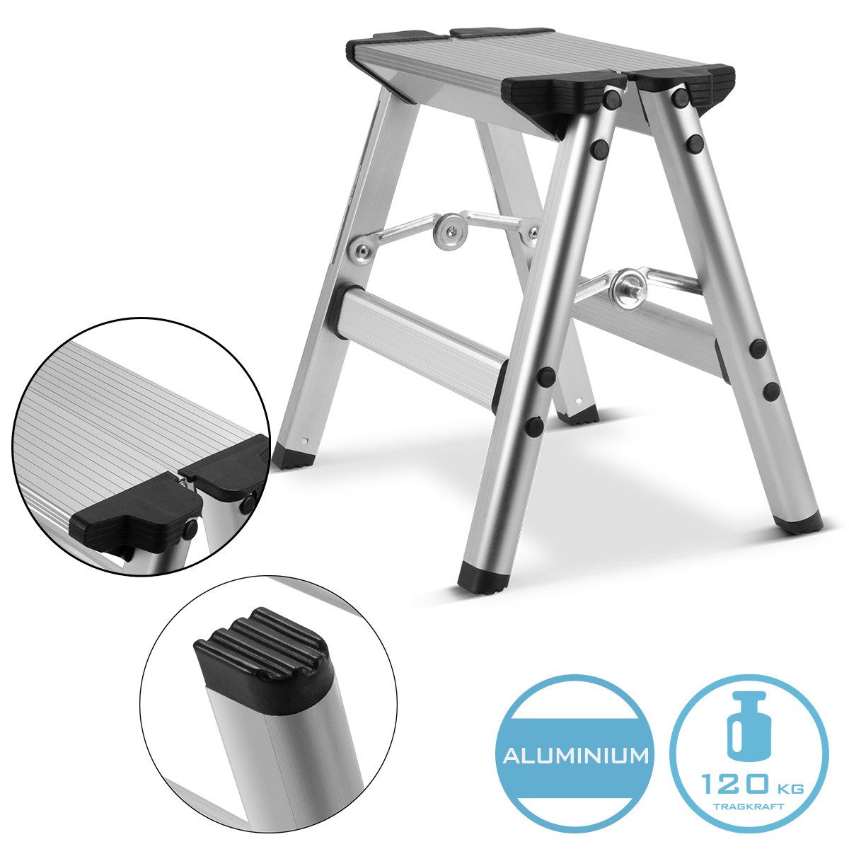 STAHLWERK Trittleiter Klapptritt KT-1 ST mit 120 kg Tragkraft Aluminium- (Set, 1-St., Einzelgerät), rutschfeste Standfüße