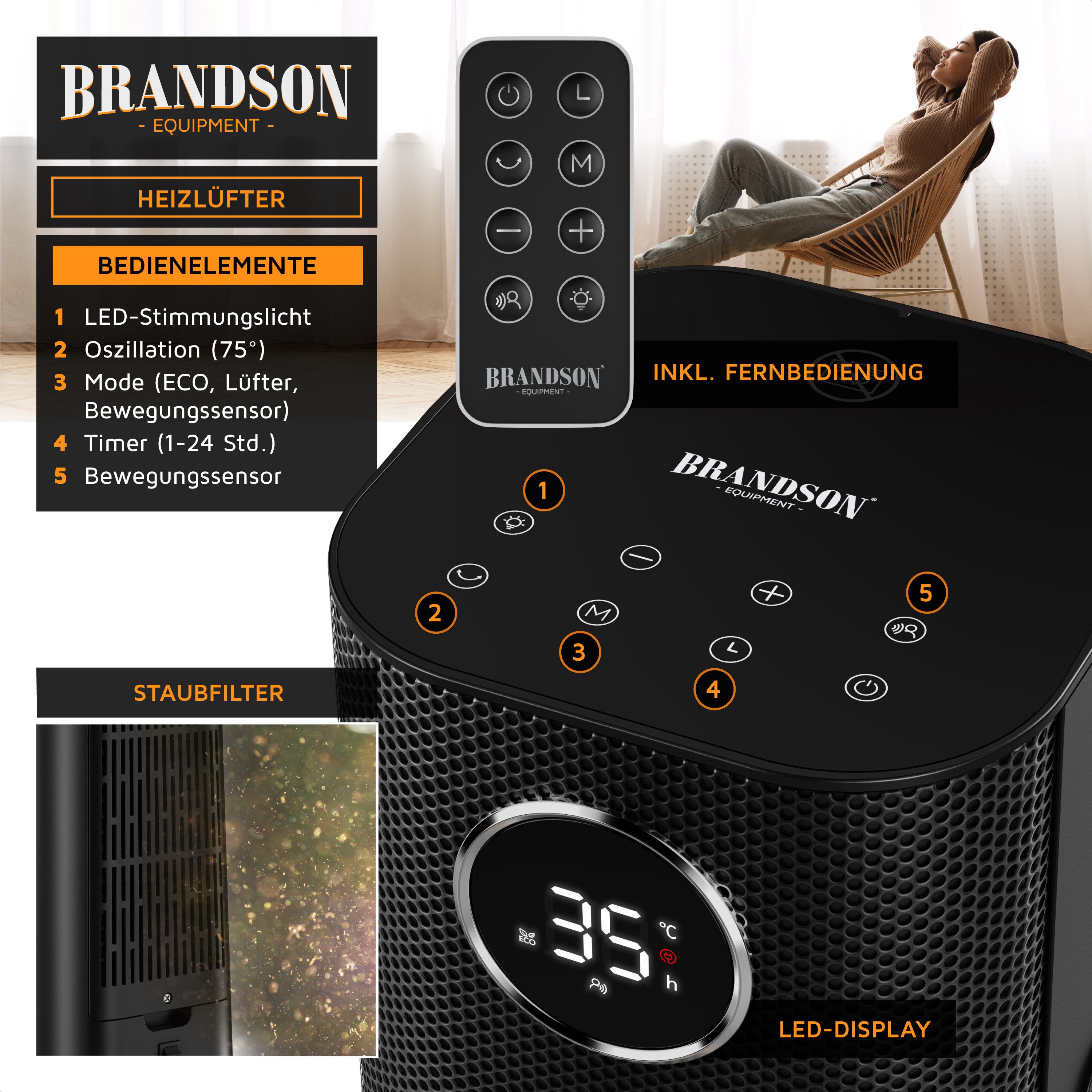 Brandson Heizlüfter Keramik-Heizlüfter 2000 W mit Bewegungssensor, Fernbedienung, Timer, 2000 W, Badezimmer, GS zertifiziert, Thermostat, ECO, Oszillation, Time – Bild 5 von 5
