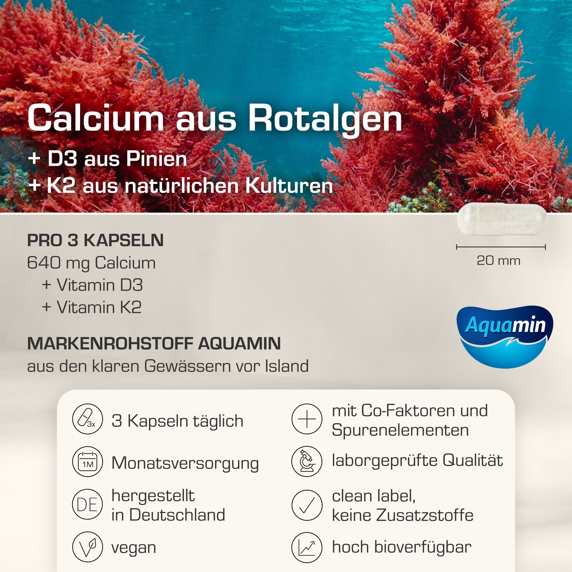 Purabyo Natürliches Calcium + Vitamin D3/K2, europäische Rotalgen, im Glas Kapseln, 1 er 90 St., 78 g