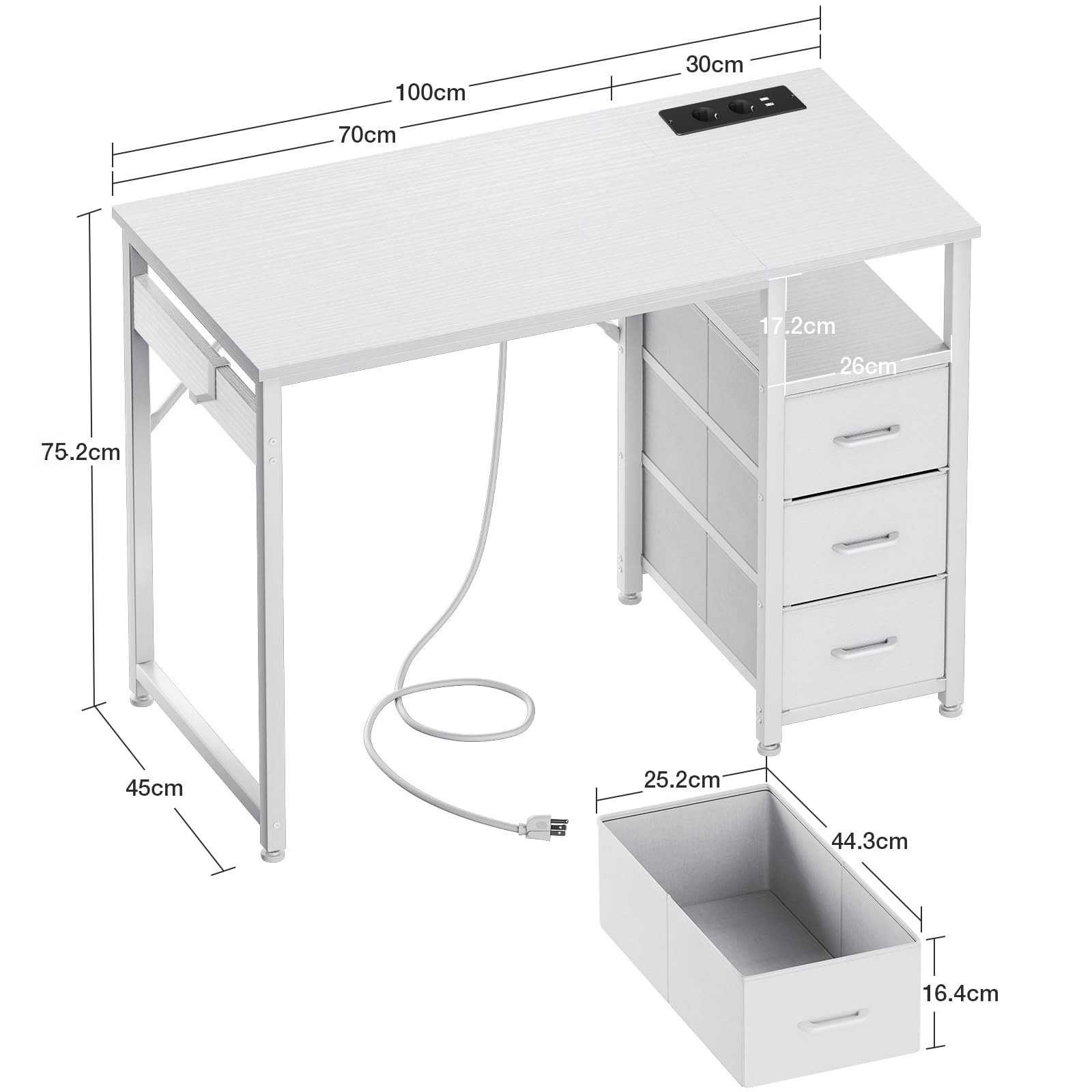 ODK Schreibtisch mit 3 Schubladen, Steckdosen & USB-Ladeanschlüssen (1-St), Kleiner Computertisch 100x45 cm
