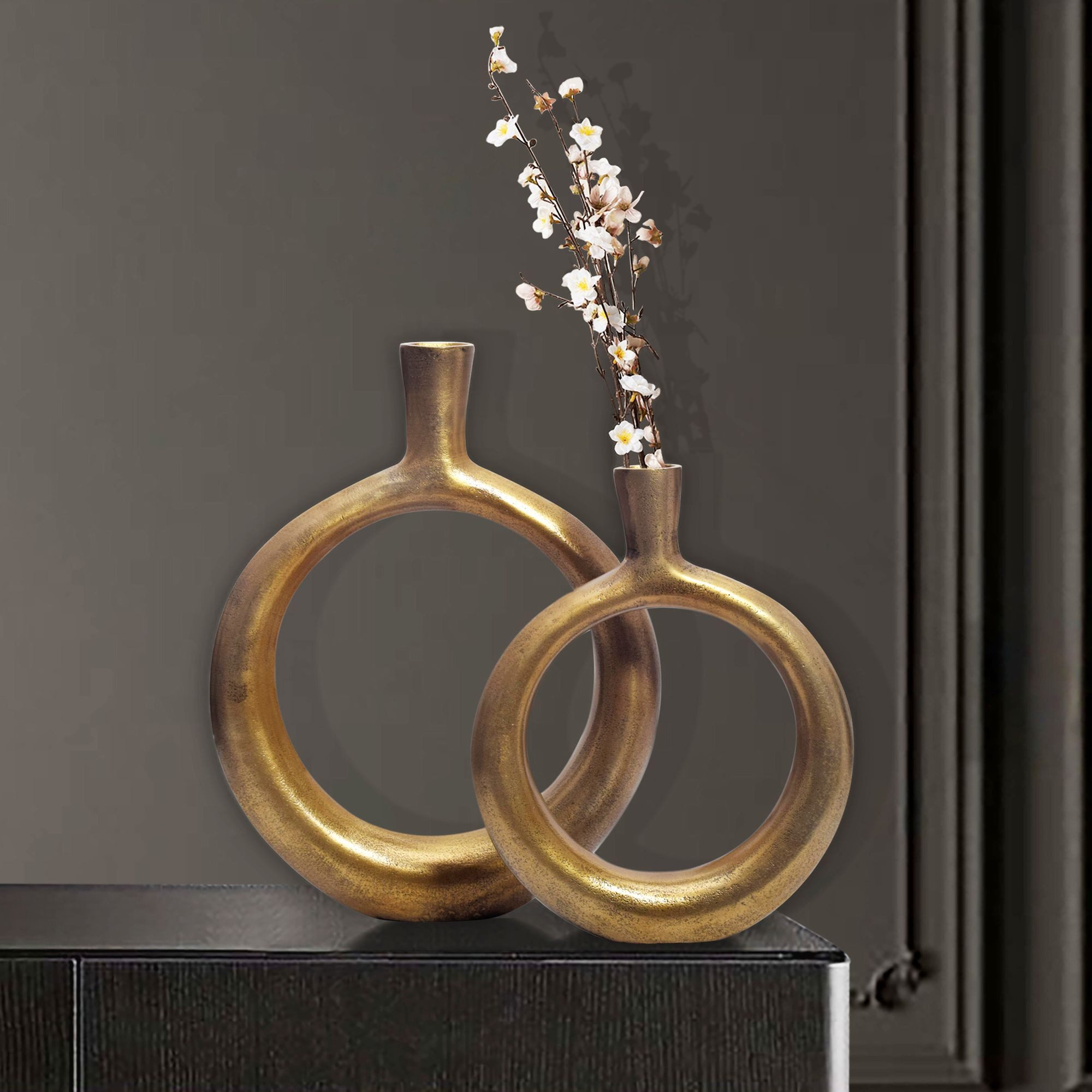 FINEBUY Tischvase FB65089 Vase 2er Set Blumenvase Aluminium Donut Modern Rund Wohndeko (Blumenvase 2-teilig, Tischvase Wohndeko Tischdeko), Donut-Form, Vase 2er Set Aluminium Modern Gold