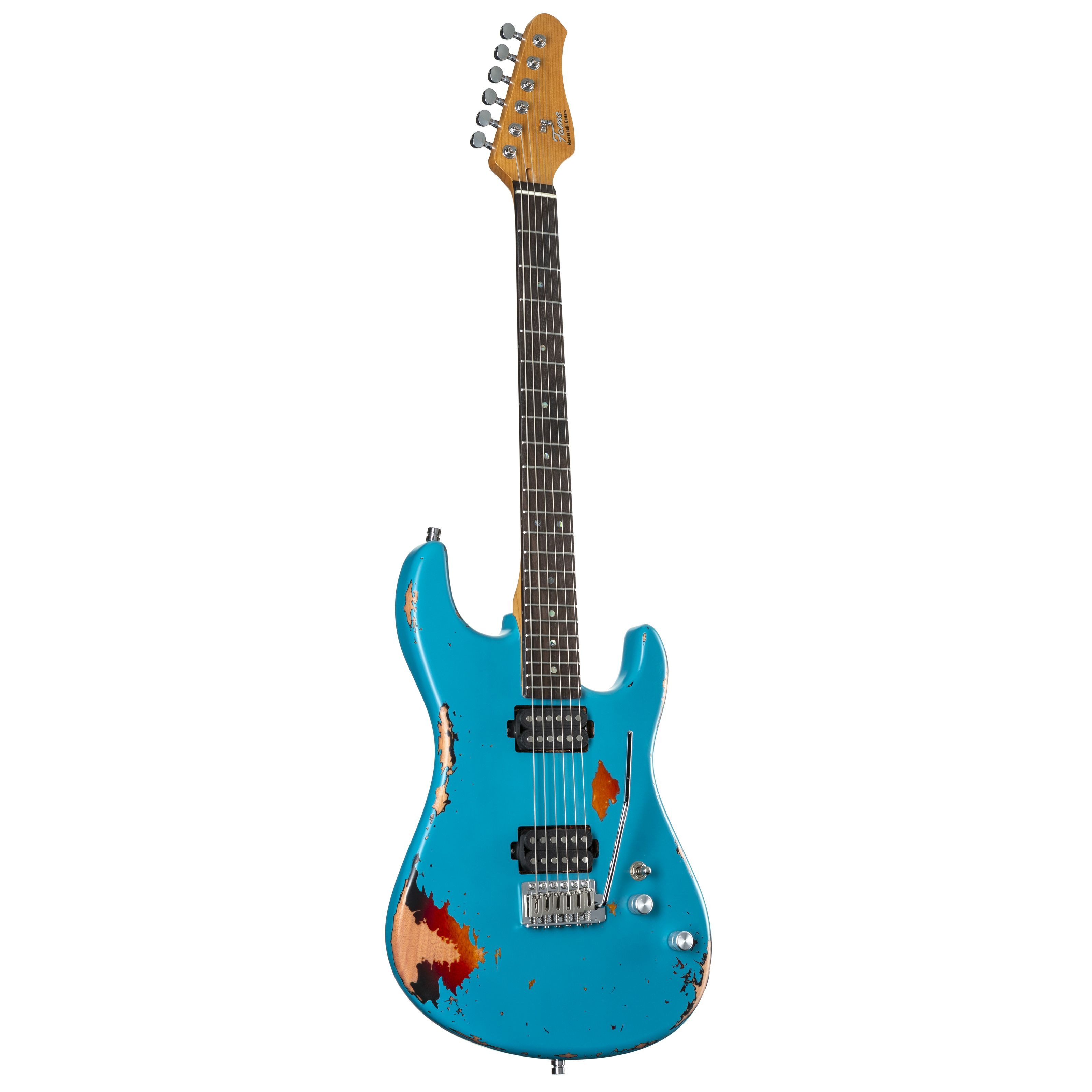 FAME E-Gitarre, E-Gitarren, ST-Modelle, Custom ST RW Worn Aqua over Sunburst - E-Gitarre