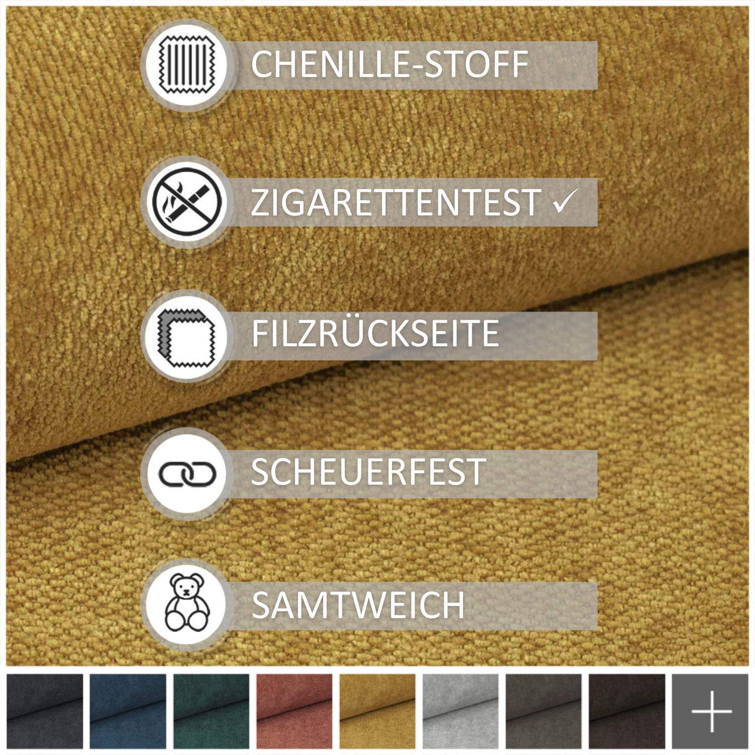 novely® Stoff RINGO - Kuscheliger Chenille-Polsterstoff - Möbelstoff mit Filzrücksei, Wasserdicht, Reißfest, Robust, Samtweich, Meterware, 1lfm