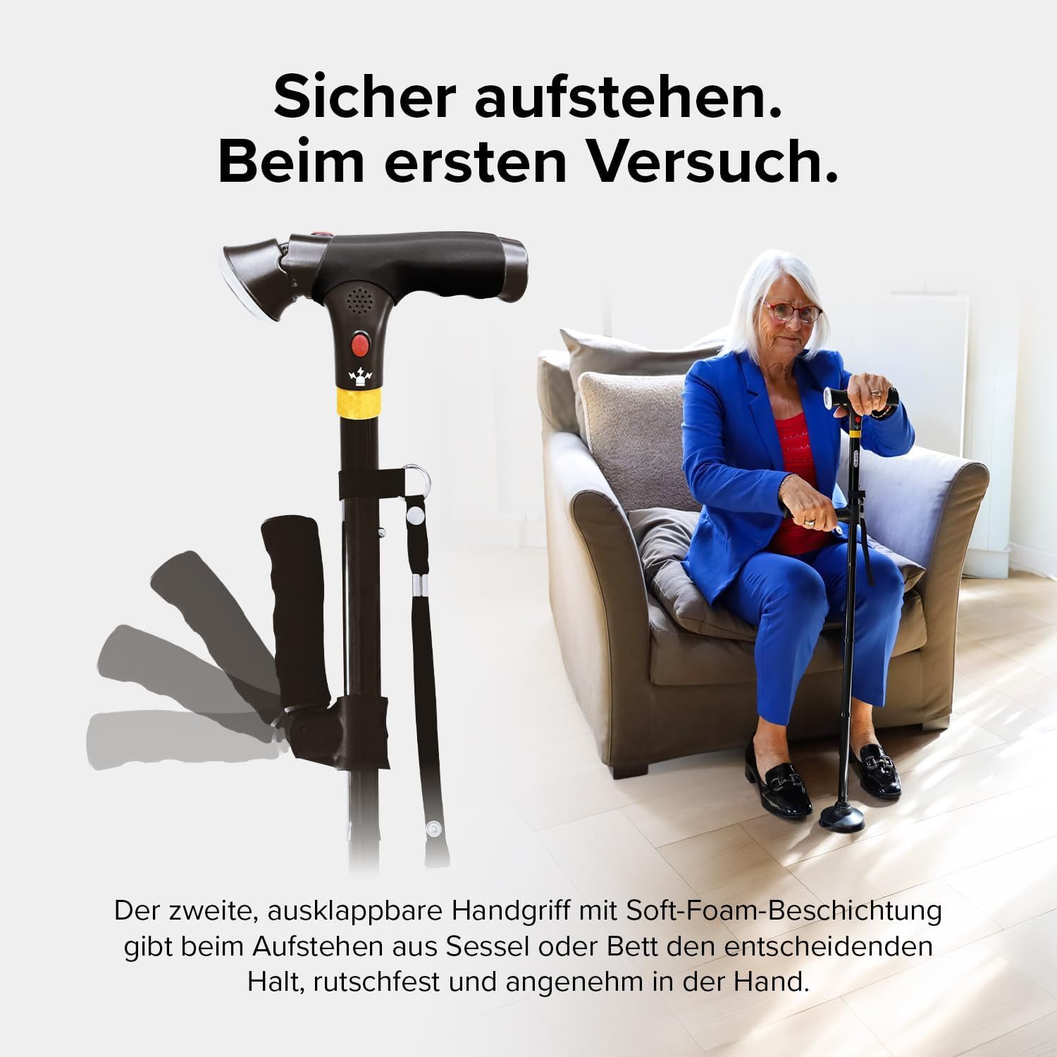DR-HO'S Gehstock Get Up & Go für Senioren & Erwachsene, Einzelartikel, mit LED-Licht, Alarmknopf, Aufstehhilfe und 4-Punkt-Standfuß, klappbar und höhenverstellbar