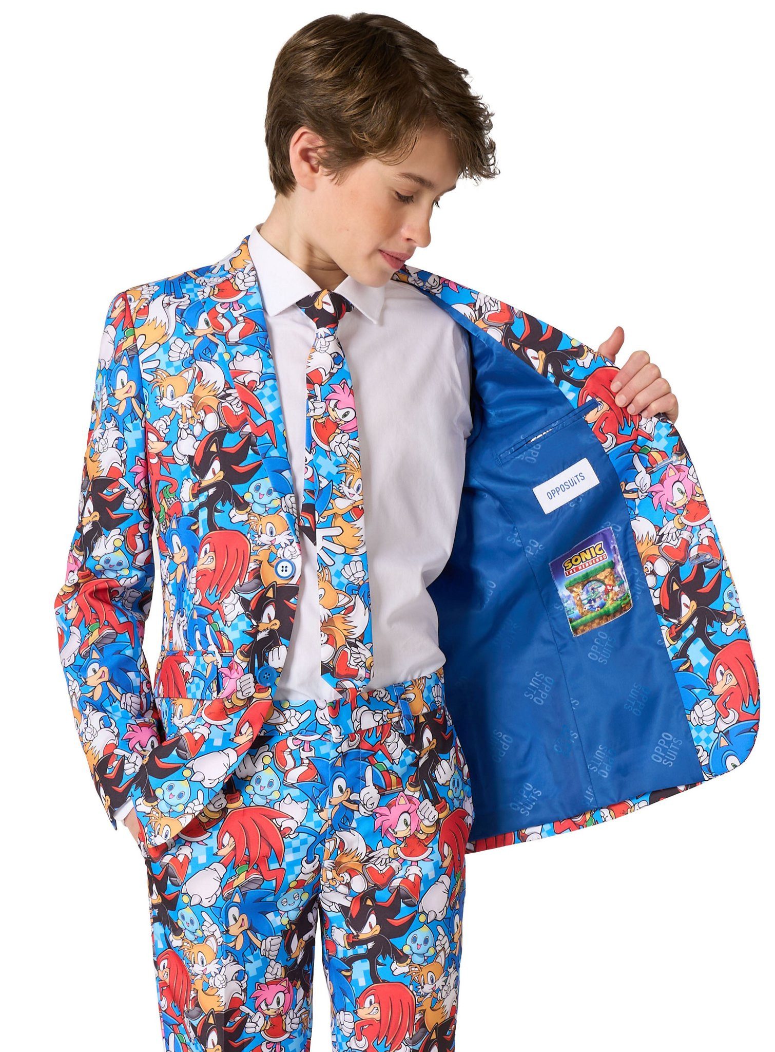 Opposuits Partyanzug Sonic the Hedgehog Anzug für Jugendliche, Ein Anzug wie ein Wimmelbild: Sonic und Co. in wildem Gewusel