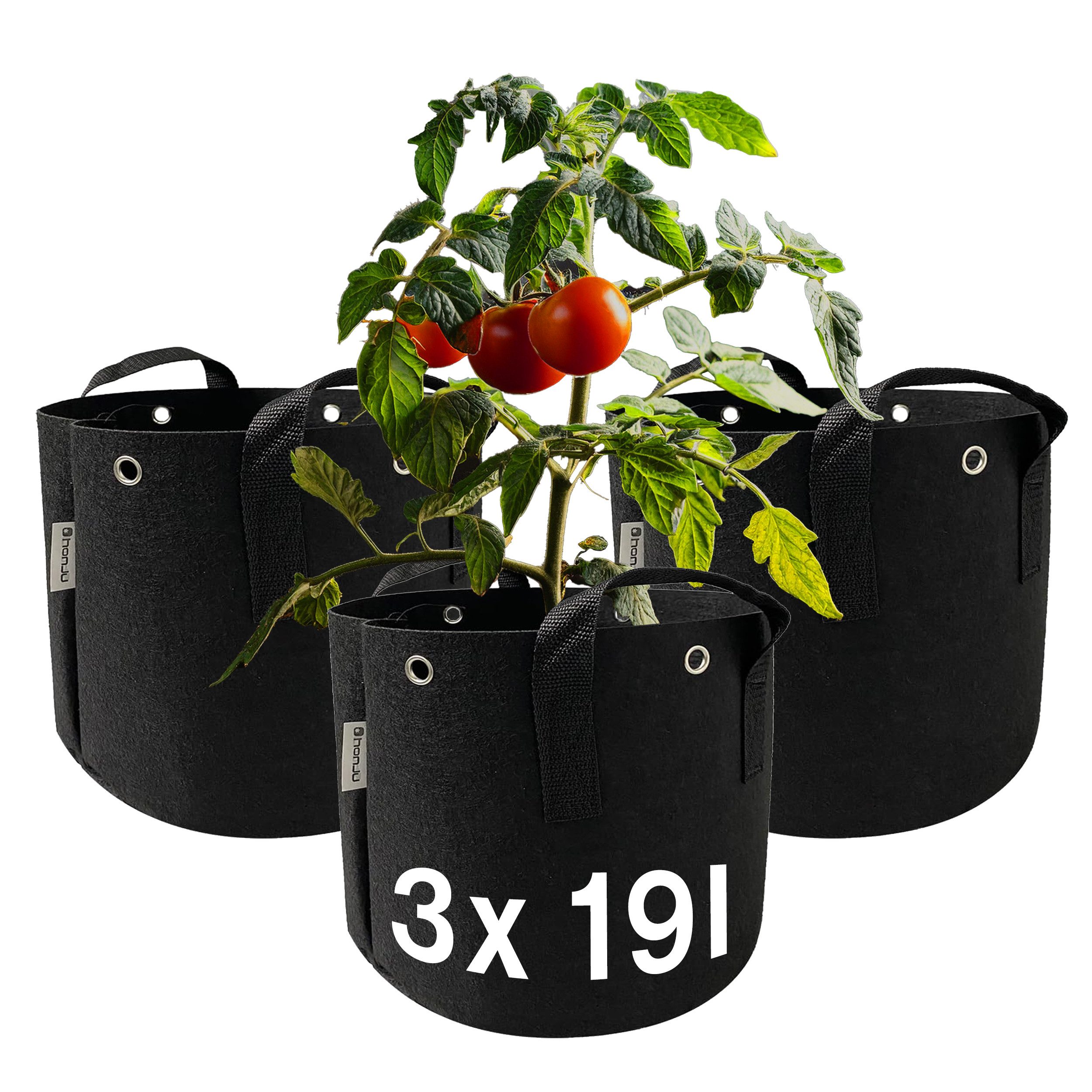 honju Pflanzkübel Stofftopf (19 Liter, 3er Set), [Atmungsaktive Stofftöpfe, Outdoor / Growbox geeignet, Faltbar]