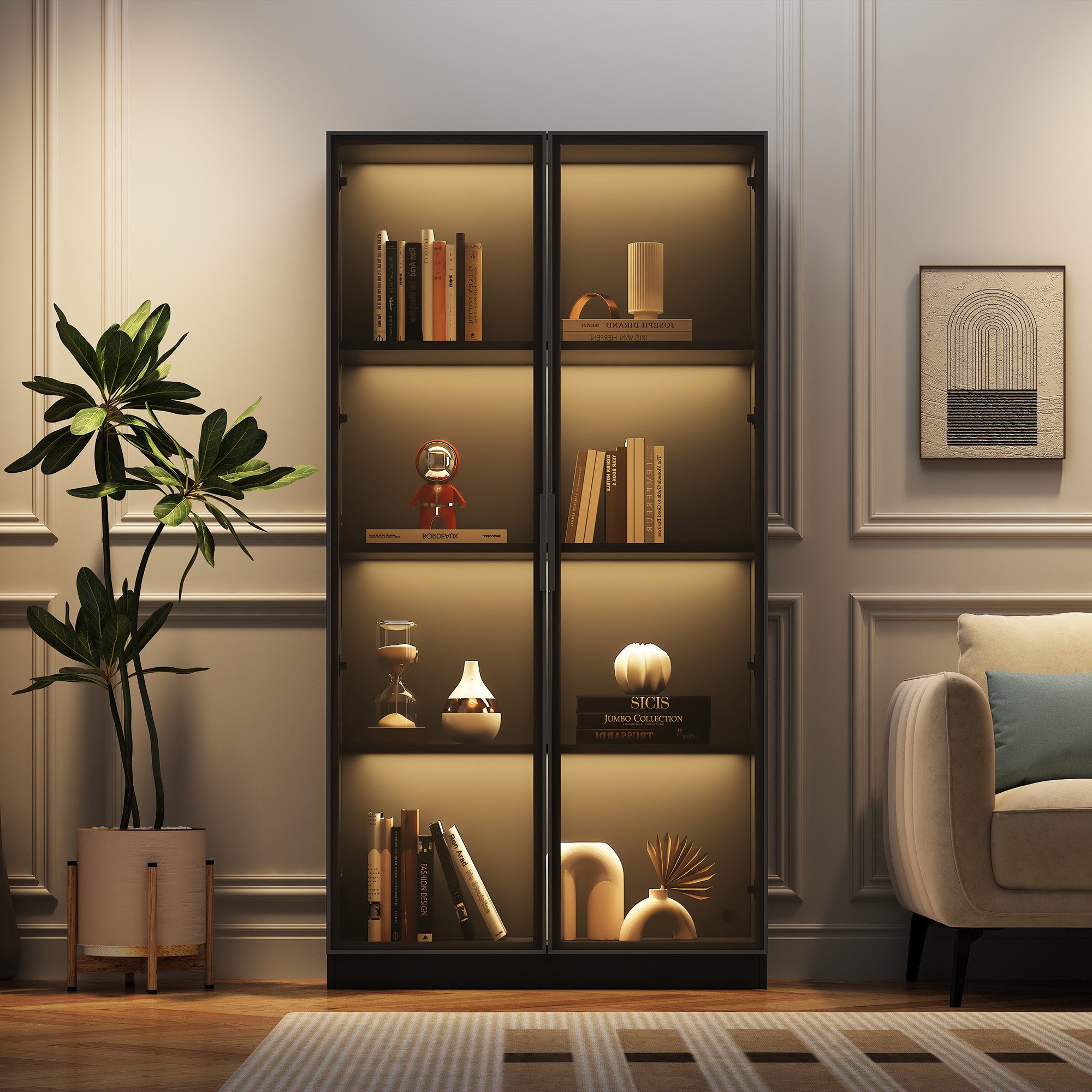 Fine Life Pro Standvitrine Glasvitrine mit APP-LED, 2 Türen & beweglichen Böden, 80x40x160 cm. Standvitrine für Wohnzimmer & Bad – moderner Hochschrank.