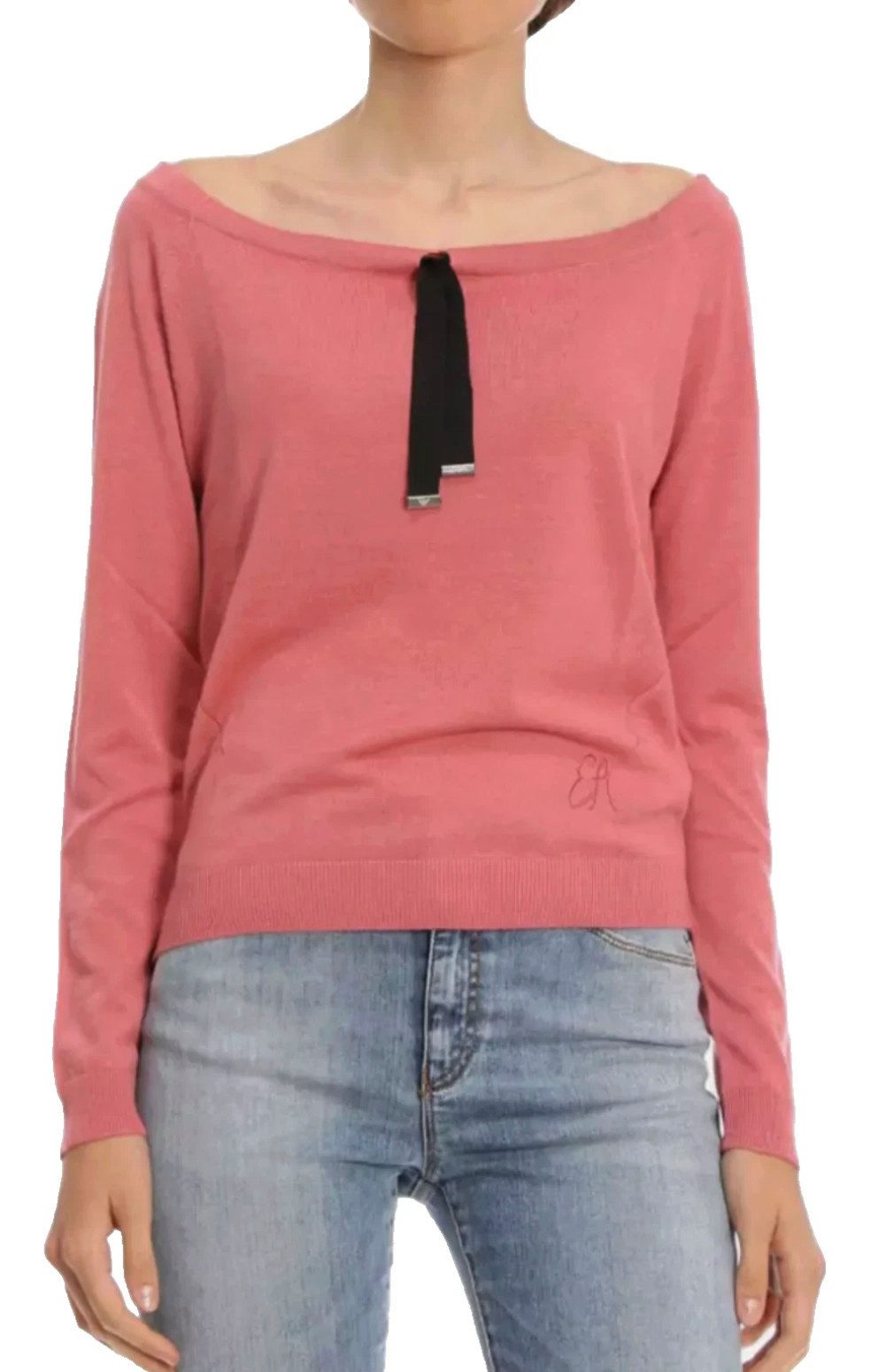 Emporio Armani Strickpullover Damen Pullover Feinstrick Schulterfreier Boot-Ausschnittlinie Dekoratives Band mit glänzenden Metall-Endstücken