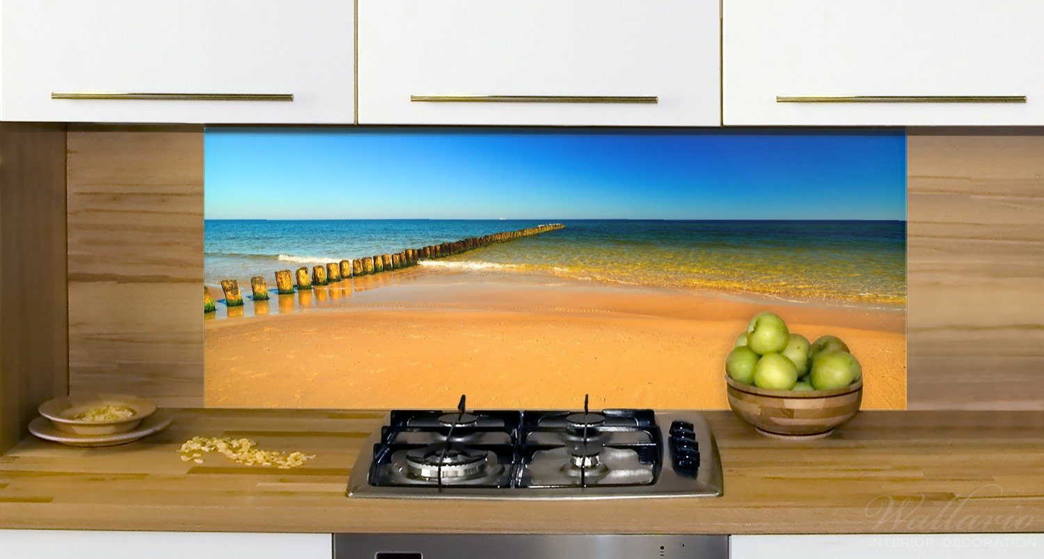 - - Sandstrand Blaues Meer Himmel, Blauer orange (1-tlg) Küchenrückwand in Wallario
