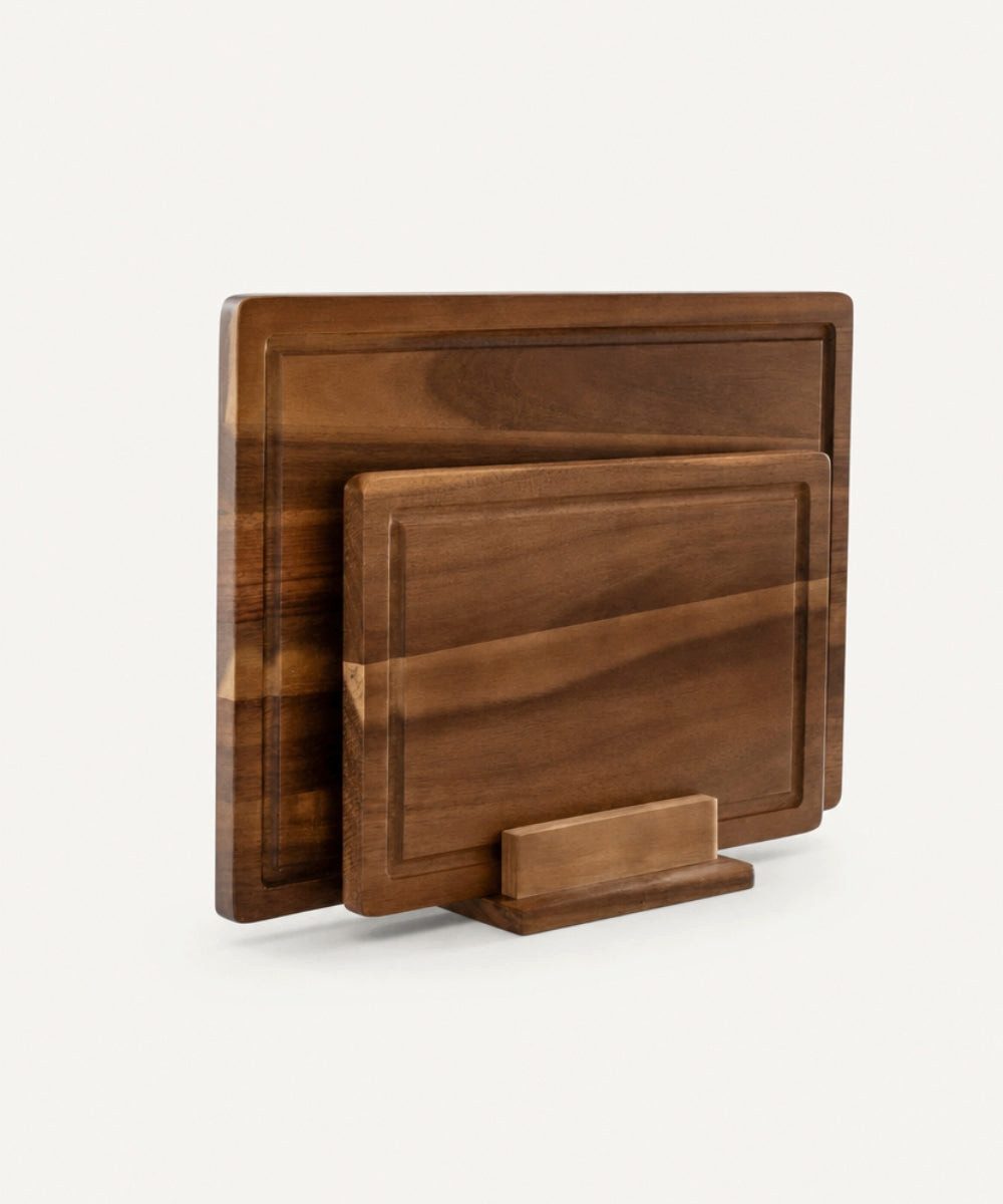 Zoha Schneidebrett Core - Schneidebrett Set Holz aus 100% hochwertigem Akazienholz, inkl. Brettständer und mit Saftrille – Bild 2 von 5