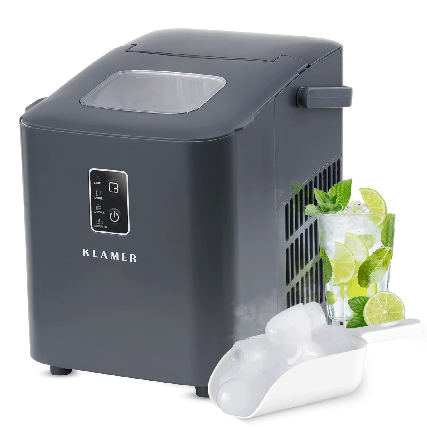 KLAMER Eiswürfelmaschine 11kg/24h, 8 Eiswürfel in 8 Min, 1L Wassertank, 2 Größen, leise Ice Ma…, 120W, 1L Wassertank, Signallampe, mit Eisschaufel, Tragegriff