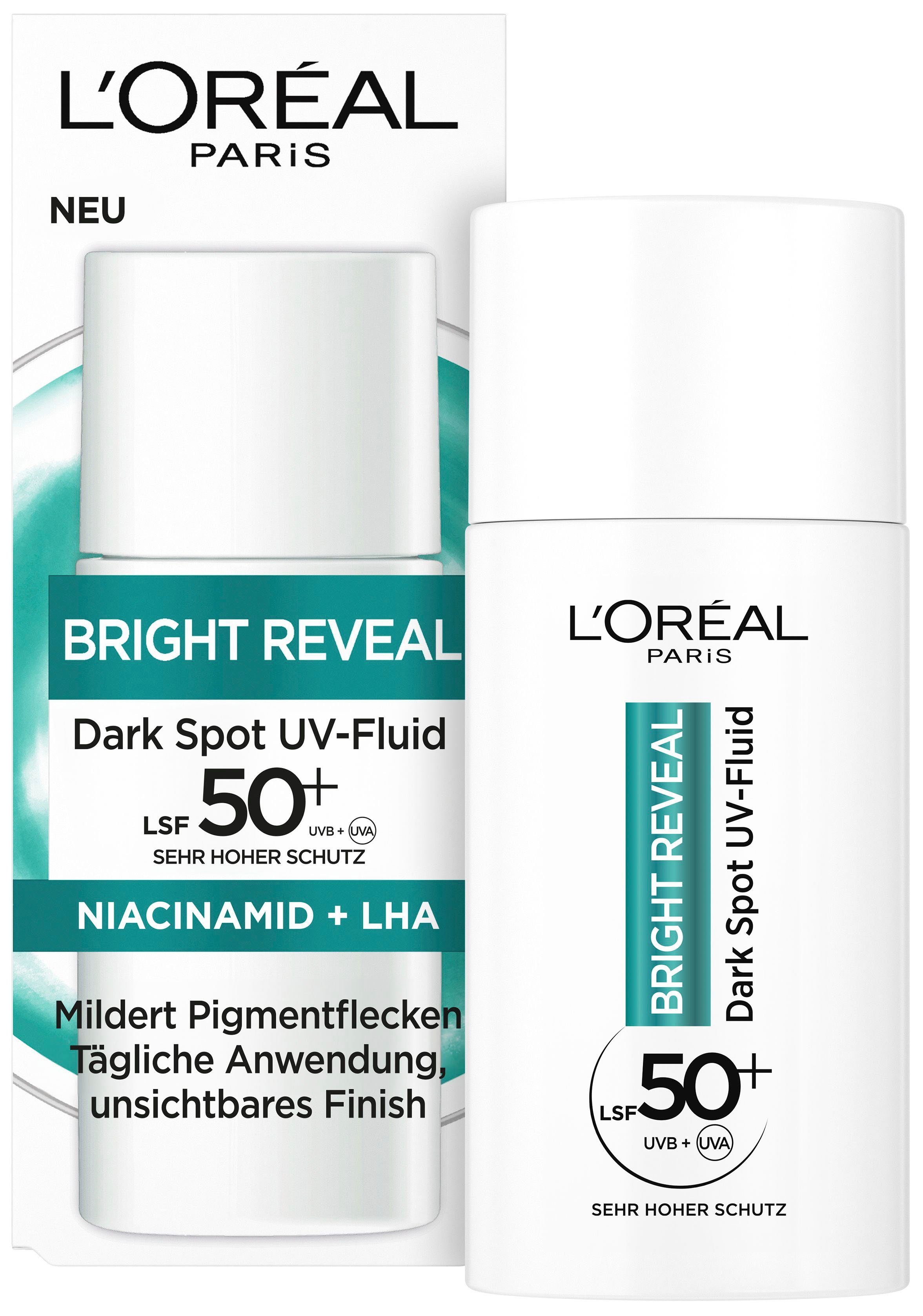 L'ORÉAL PARIS Gesichtsfluid BRIGHT REVEAL DARK SPOT UV FLUID LSF 50, angereichtert mit Vitamin C und Vitamin E