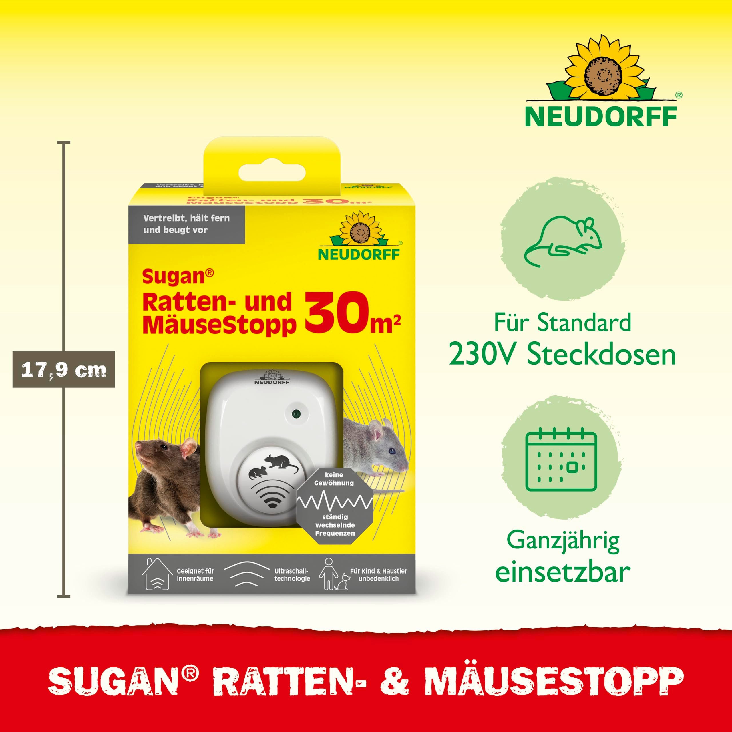 Neudorff Ultraschall-Tierabwehr Sugan Ratten- und MäuseStopp (für 30 m) 1 Stk., Rattenschreck Ultraschall vertreibt Ratten und Mäuse sofort und dauerhaft aus Haus, Keller und Garage, kein Gewöhnungseffekt durch ständig wechselnde Frequenzen, Gegen Ratten und Mäuse, chemiefrei, Kabelschutz, bis 30 m²