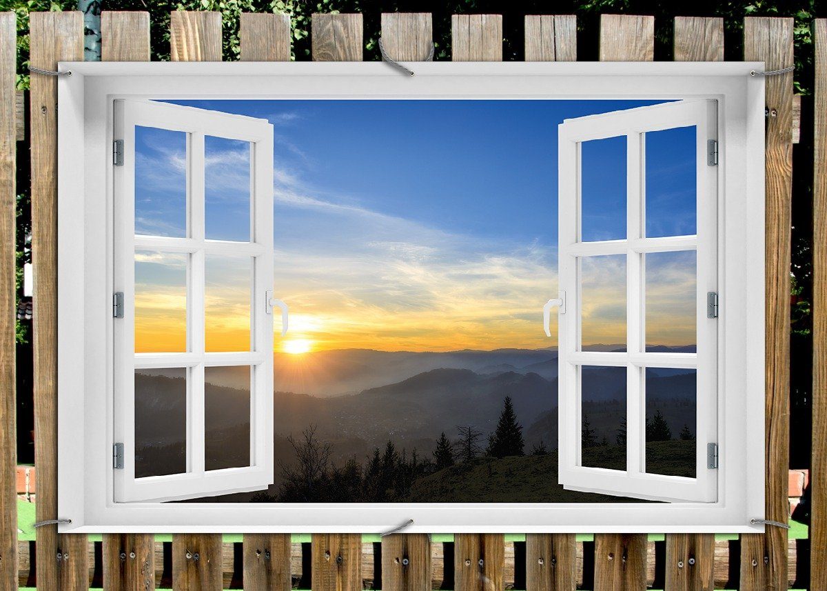 Thumbnail - Wallario Sichtschutzzaunmatten Sonnenaufgang über dem Schwarzwald, mit Fenster-Illusion