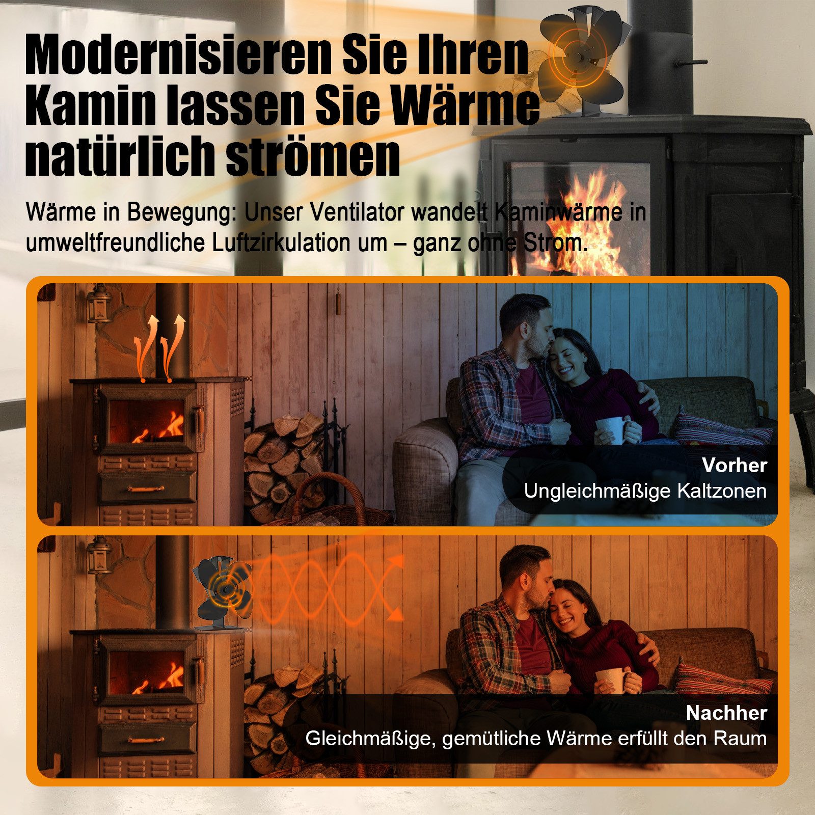 SunJas Kaminventilator 4 Flügel Ofenventilator Ohne Strom, Wärmebetriebener, Leiser 2er-Set, 10,2T x 18,1B x 18,7H cm,für Pellet/Holzbrenner/Kamin – Bild 5 von 5