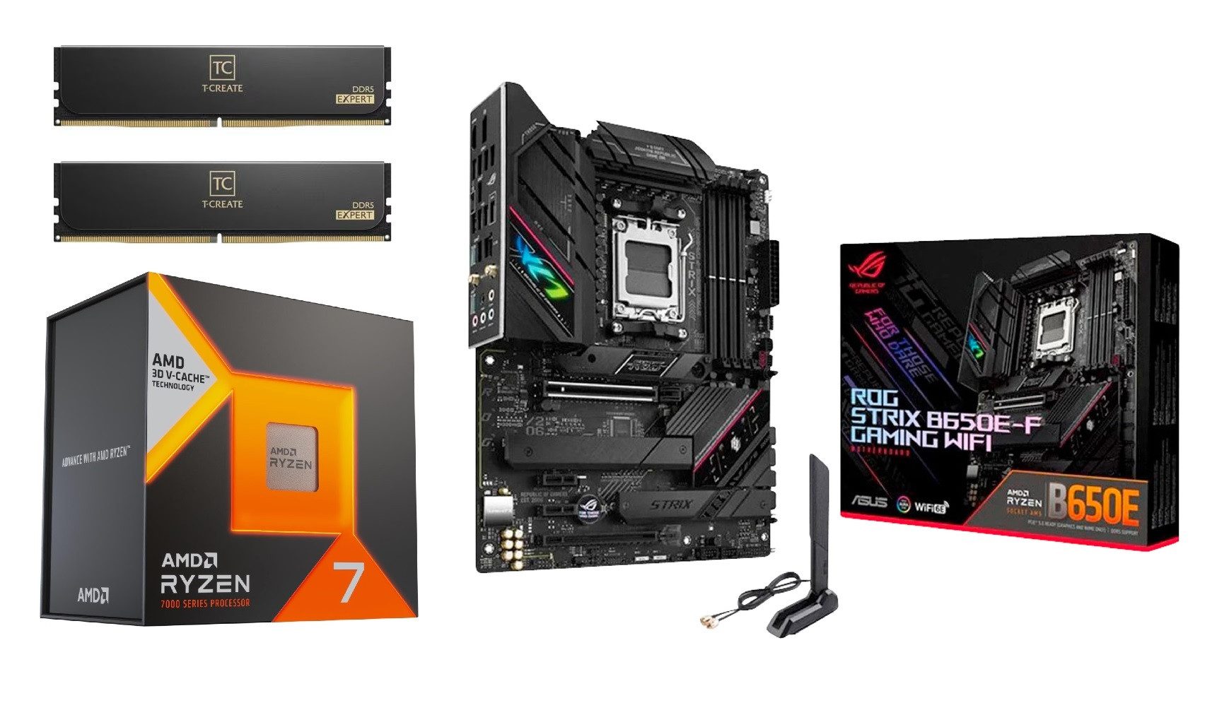 AMD Bundle AMD 7800X3D CPU + ASUS B650E-F + 32GB DDR5-6000 – Gaming PC-Set (AMD Ryzen 7 Highend Upgrade, Aufrüstkit - Prozessor, Mainboard, Arbeitsspeicher RAM)