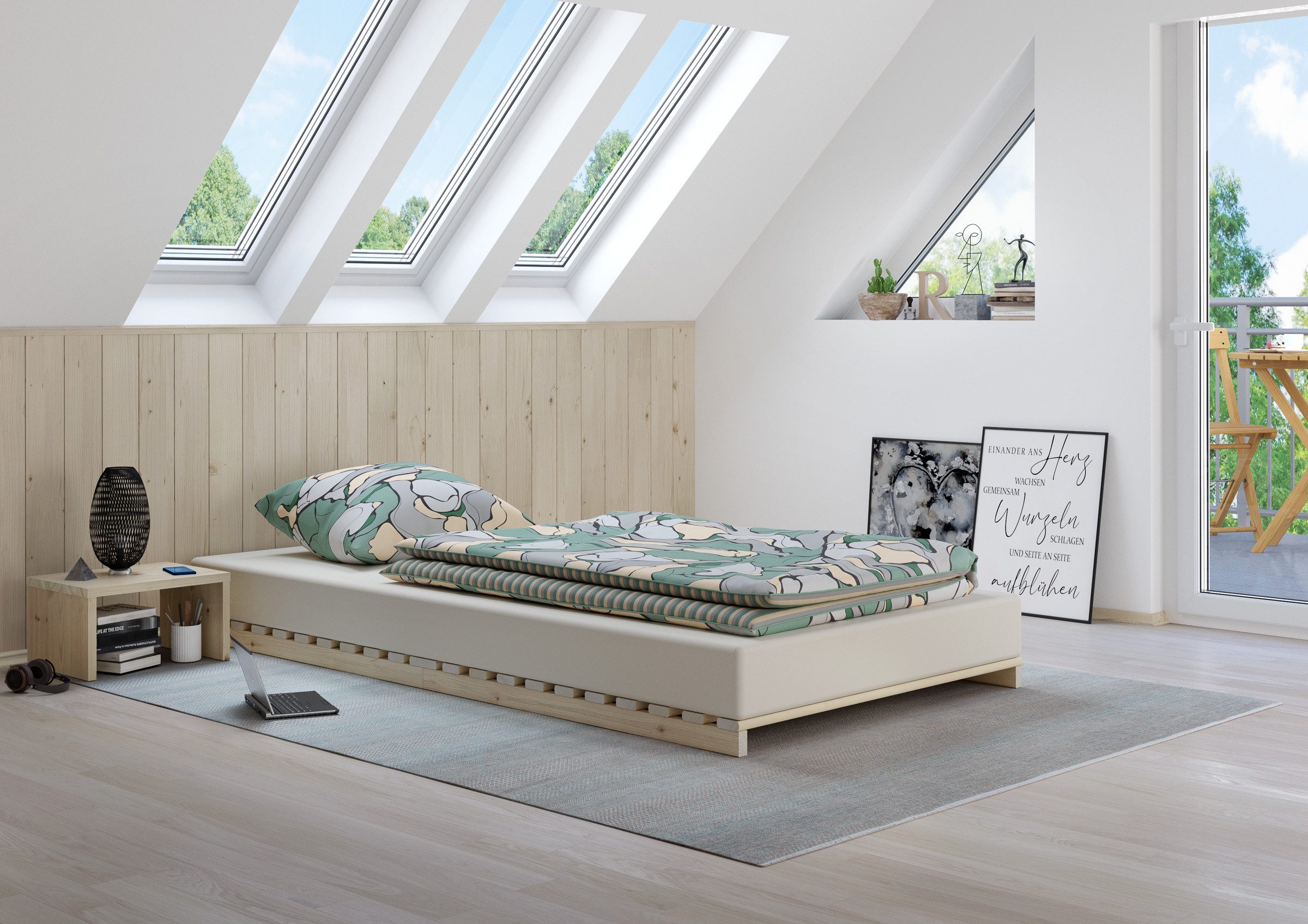 ERST-HOLZ Futonbett Niederflurbett Metallfrei 100 x 200 cm Futon Lattenrost Fichte, Fichte unbehandelt