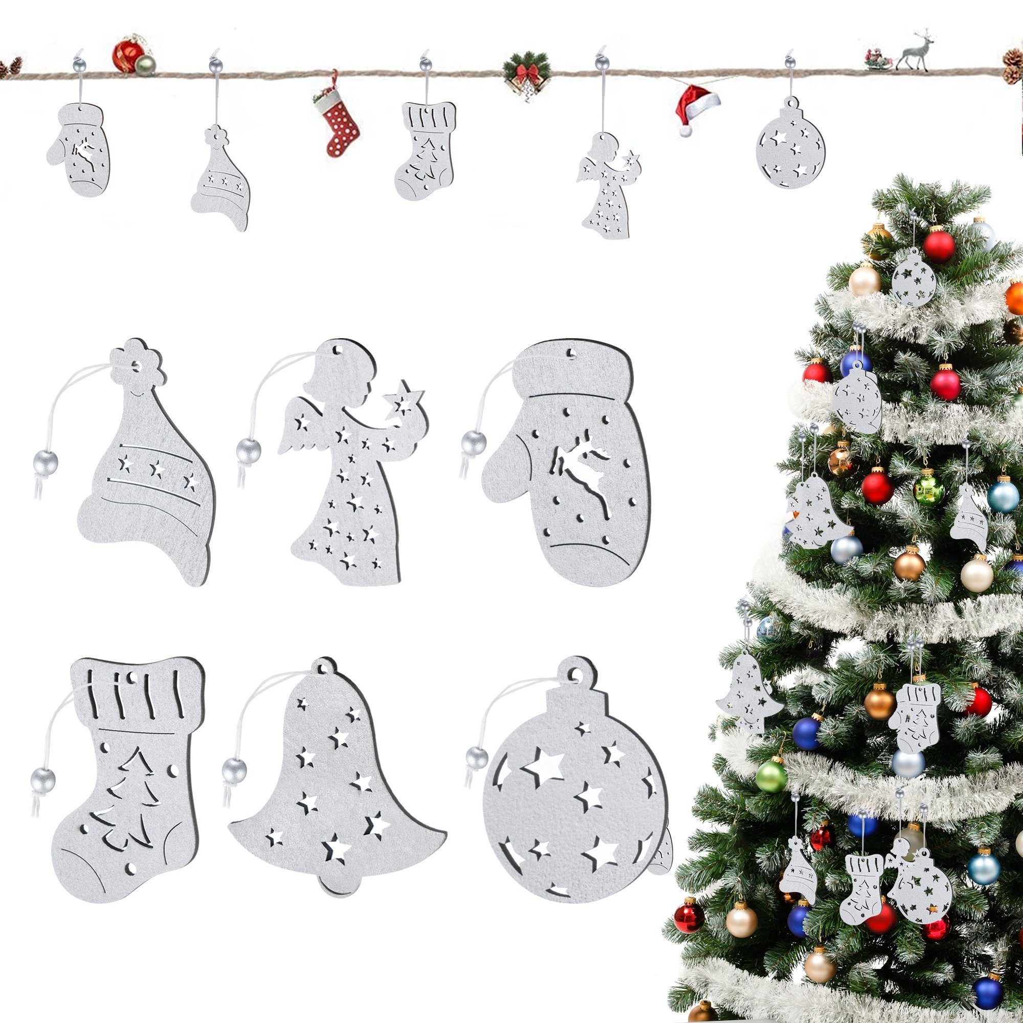 Homewit Christbaumschmuck Weihnachtsbaum Anhänger Holz Weihnachtsanhänger mit Juteseil (18-tlg), für Dekoration & Christbaumanhänger | Dekohänger