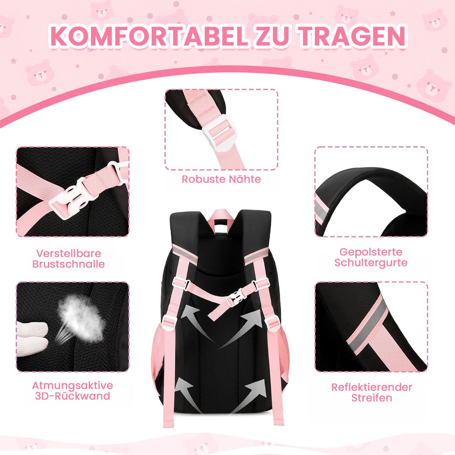 MOPUEA Schulrucksack Atmungsaktiv Schulrucksack Rucksack Schultasche Kawaii Büchertasche (Mit 3 süßen Anhängern), Turnbeutel Lässiger Schulranzen Jungen Teenage – Bild 5 von 5